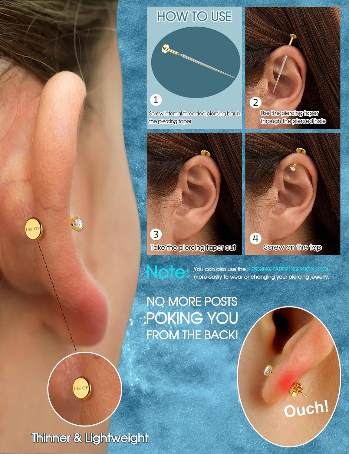 ORAZIO 14K Gold Plated Flat Back Earrings - 16G/18G 316L Surgical Steel Internal Thread CZ Stud Piercing Jewelry for Tragus Helix Cartilage Conch Hypoallergenic Nose Rings Lip Labret Medusa Piercing for Women Men - Image 7