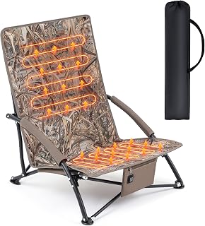 1 Pack Heated Hunting Chair, Portable Low Down Hunting Seat Pad Cushion with Carry Bag, Adjustable 3 Mode Folding Chair for Turkey Blind Deer Ground Duck Fishing, No Power Bank (Brown)