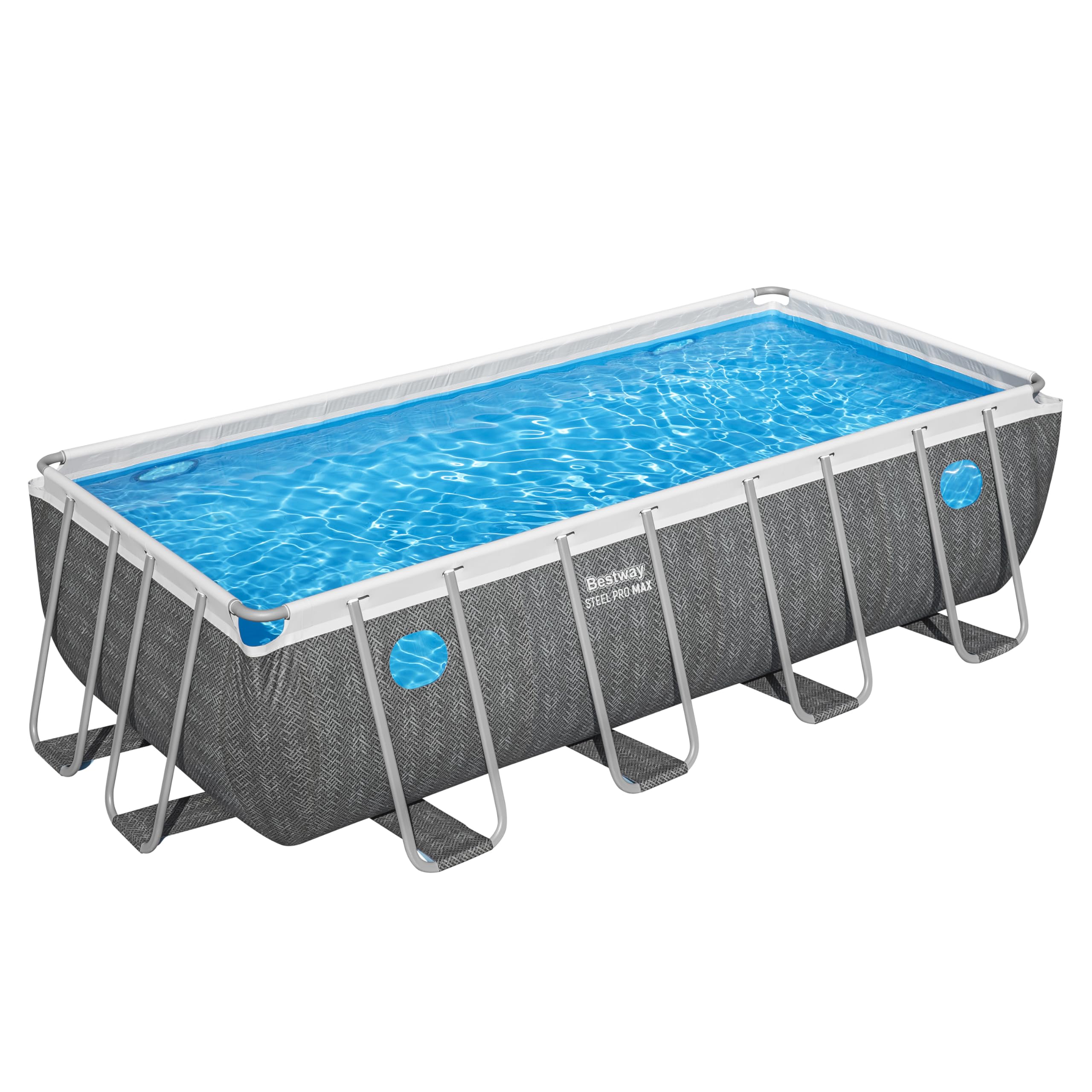 Bestway Steel Pro MAX Frame Pool Komplett-Set mit Filterpumpe, 488 x 244 x 122 cm, 11.532 Liter, Rattan-Optik, Splashview Bullaugen, Sicherheitsleiter, Abdeckplane, Filterkartusche, Schiefergrau
