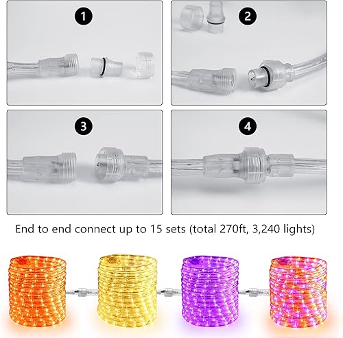 Miniatura 3 de BrizLabs Luces de cuerda naranja y morada, 18 pies, 216 luces LED de Halloween, cuerda transparente impermeable, luces de tubo para exteriores,