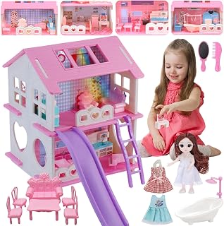 MOLINGXUAN Cute Dollhouse Toy with Lights, Slides & Furniture - Dual-Sided Miniature House for Kids & Collectors