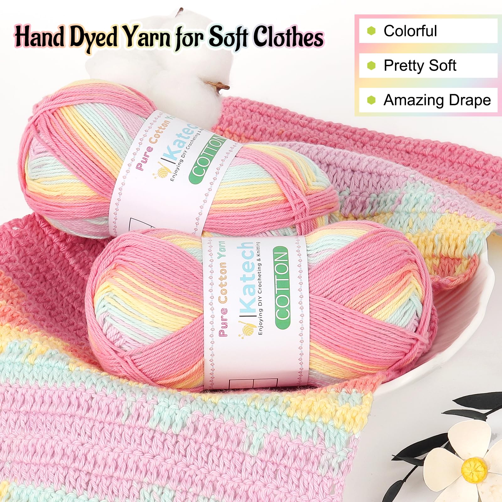 Katech 1OO% Ombre Cotton Yarn for Crocheting - 2 Sport Weight Baby Yarn for Knitting - 6 Pcs of 50g(1.76oz)/160m(175yd), Fine Soft Multicolor Yarns for Baby Blankets, Afghans, Shawls, Dress, Hats (B) — view 5