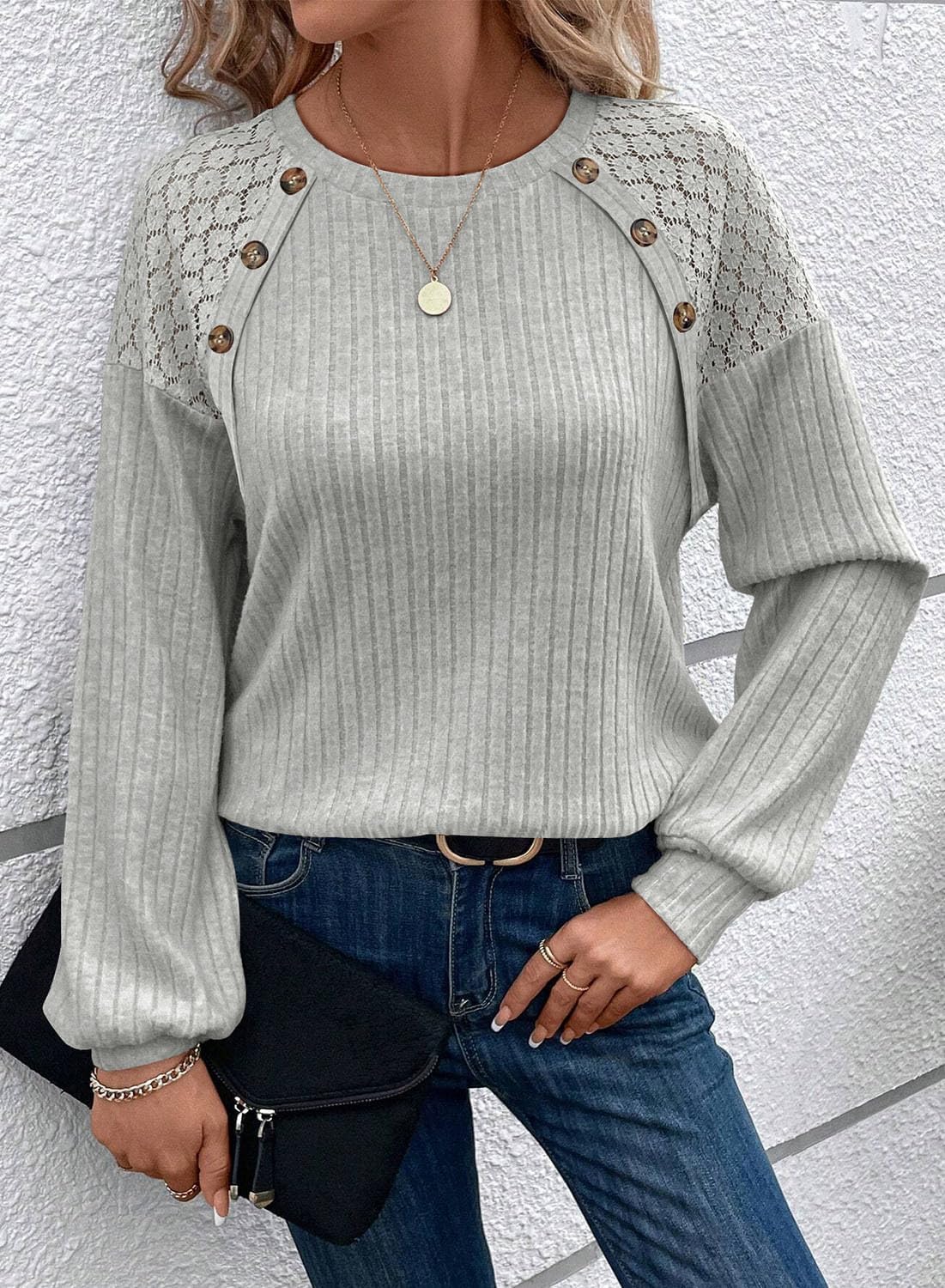 Women's Sweaters Lace Long Sleeve Knit Top Button Crew Neck Loose Casual Blouse - Image 2