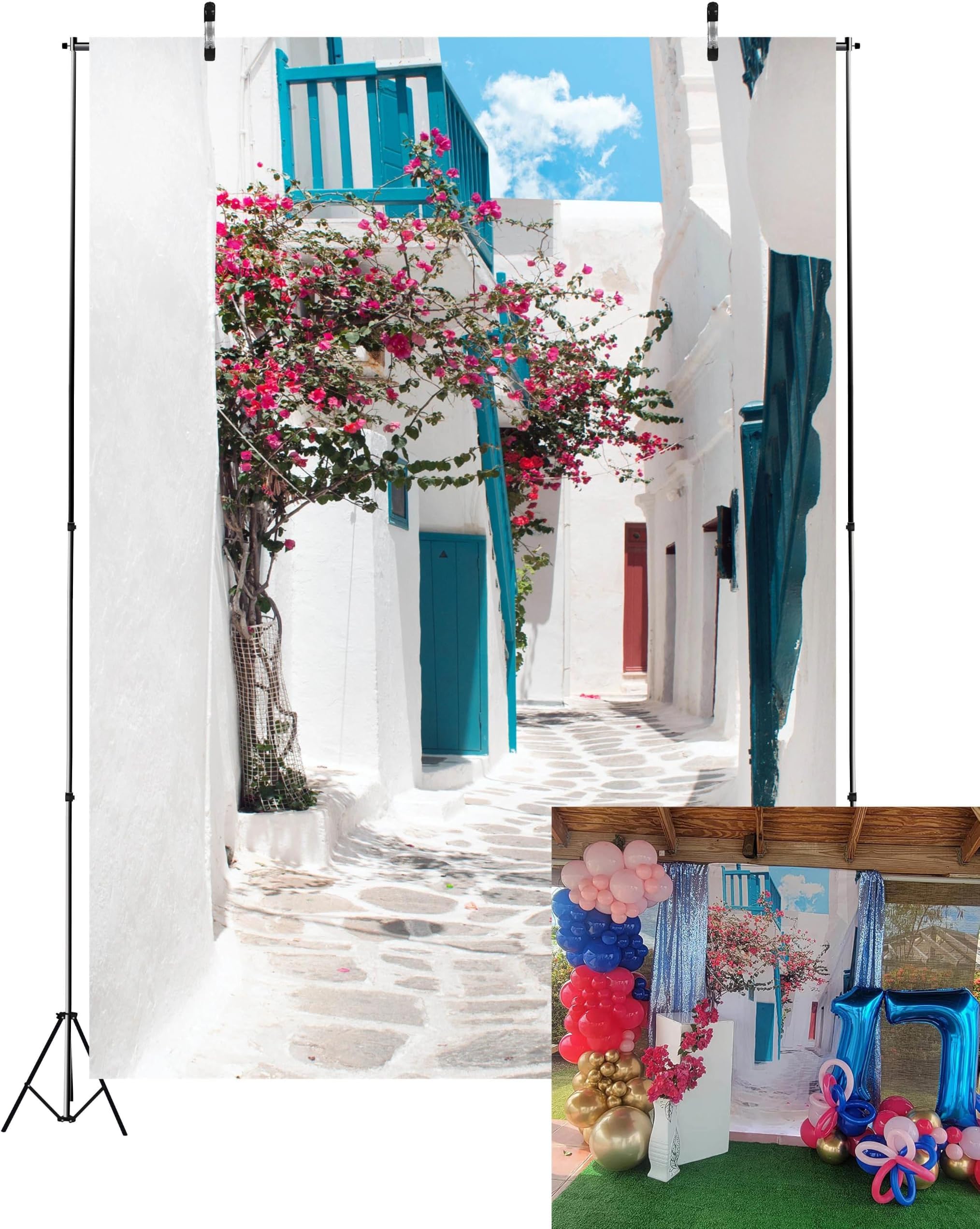 5x7ft Greece Street Backdrop Narrow Street Background Mia Birthday Party Decorations Mia Themed Backdrop Greece Themed Party Decorations Greek Party Supplies Stone Path Wedding Banner Decor