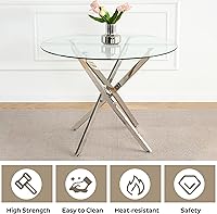 Vista 5 de Small Dining Table Set for 4, 36" Round Kitchen Table with 4 Teddy Boucle Dining Chairs, Tempered Glass Top with Metal Legs(White&Silver)