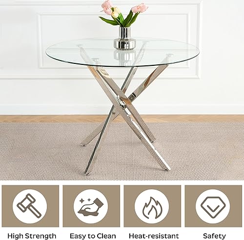 Miniatura 5 de Small Dining Table Set for 4, 36" Round Kitchen Table with 4 Teddy Boucle Dining Chairs, Tempered Glass Top with Metal Legs(White&Silver)