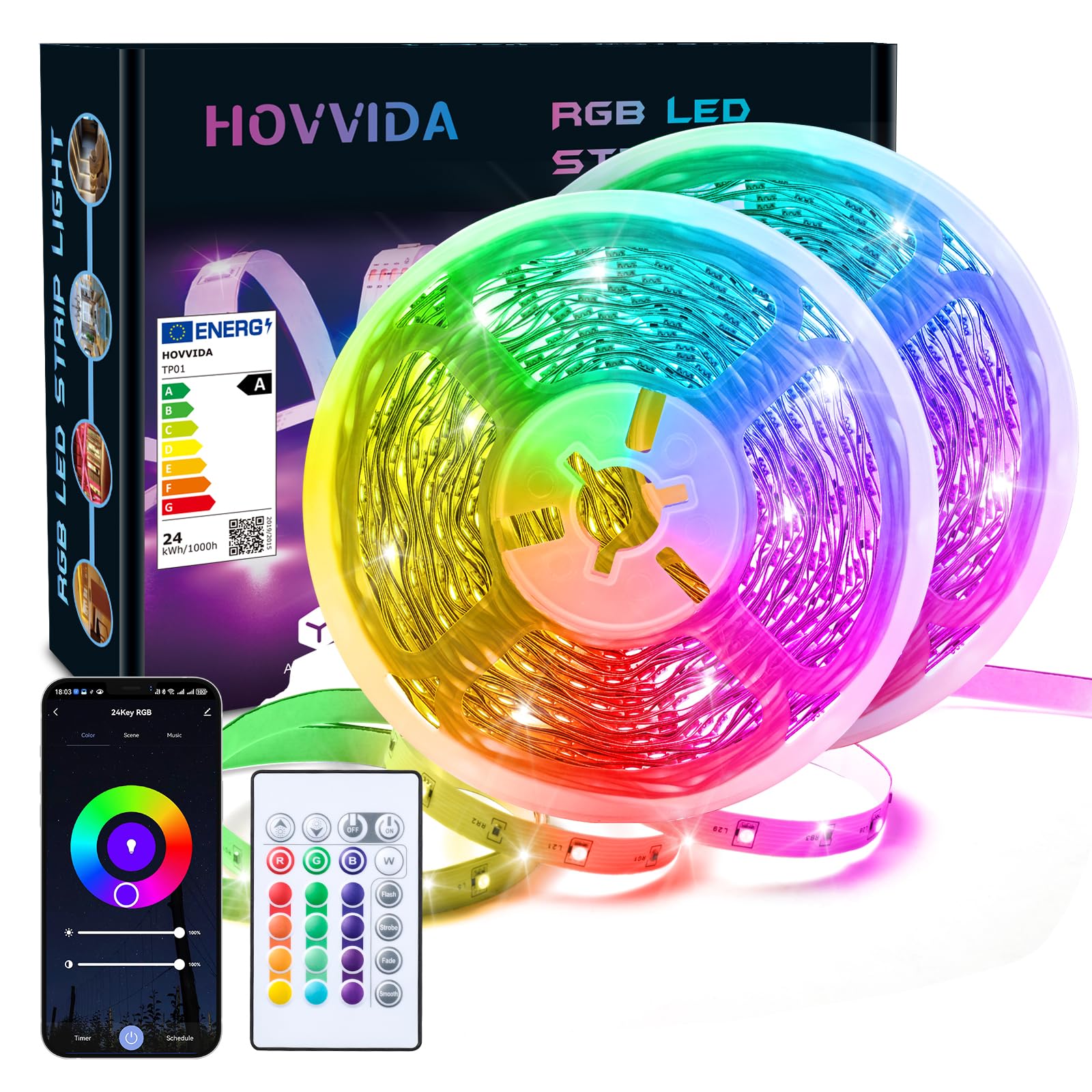 HOVVIDA LED Strip 20 m WiFi, Compatible with Alexa and Google Home, 30 LED/Meter, 2 x 10 m, 24 V RGB Lights 600 LED, APP and Remote Control, Music Mode, for Bedroom, Room, Kitchen, Bedroom, Party