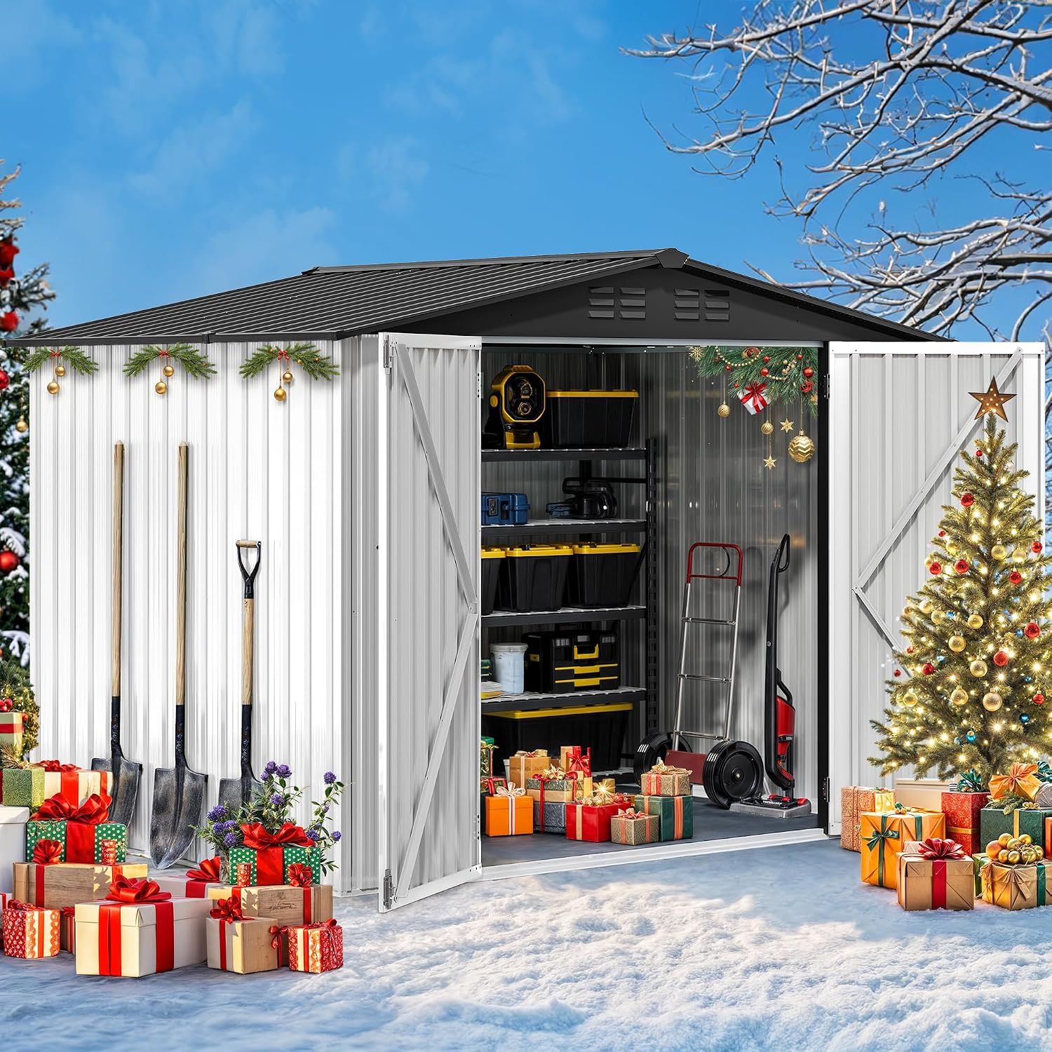 DWVO 8x6FT Outdoor Storage Shelter, Roomy Steel Tool Shed with Secure Entrances & Air Circulation for Patio, Lawn, and Backyard, Ideal for Storing Garden Gear, Lawn Tools, and Bikes, White