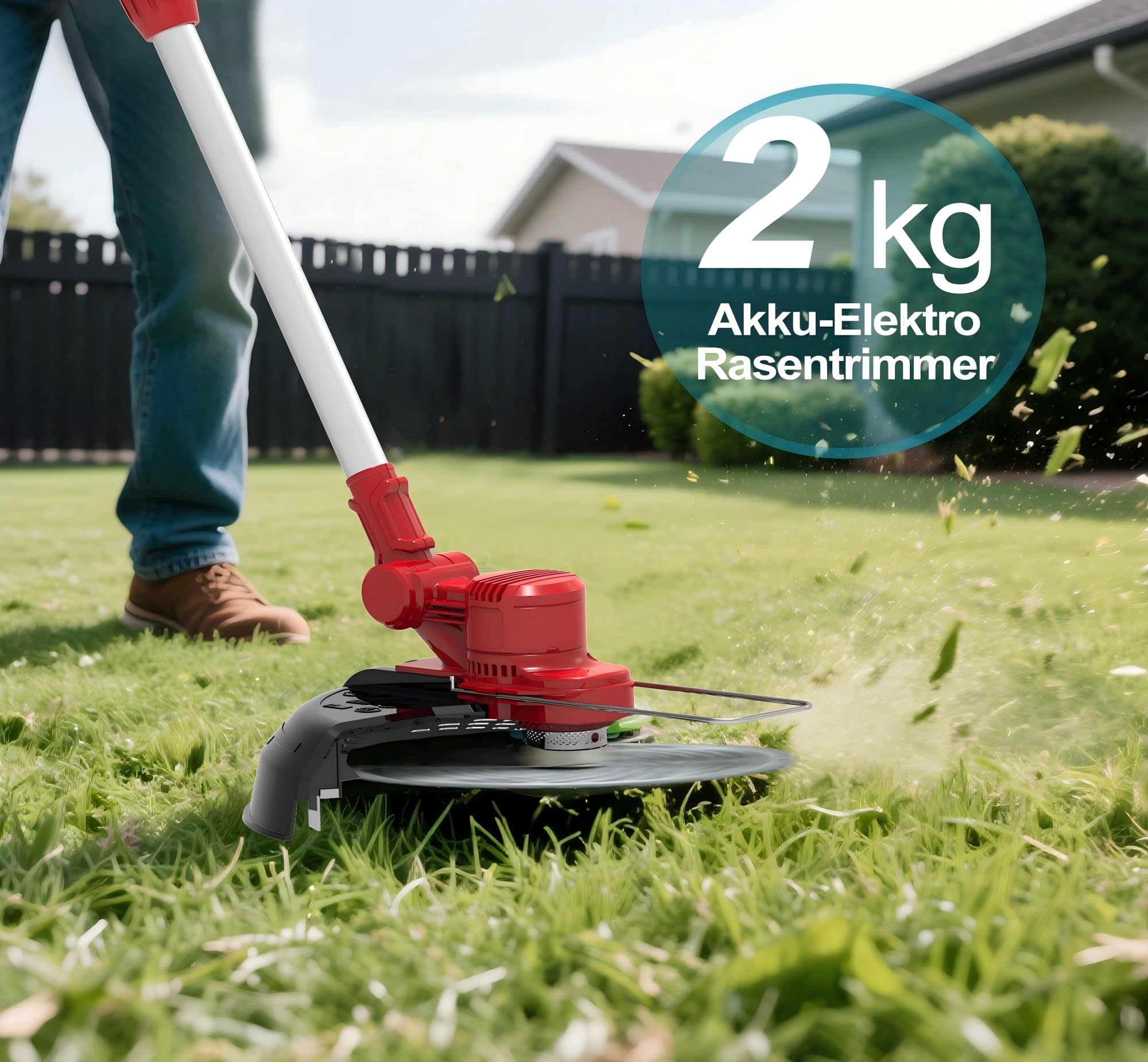 TerraKraft 21 V Rasentrimmer mit Akku, Rasentrimmer mit Unkrautbürste. 750w Bürstenloser Motor, 180° Collapsible, Die Teleskophöhe ca 95 cm - 145 cm, 90° Trimmwinkel(Inkl2 x 4,0Ah Akku)(Rot)