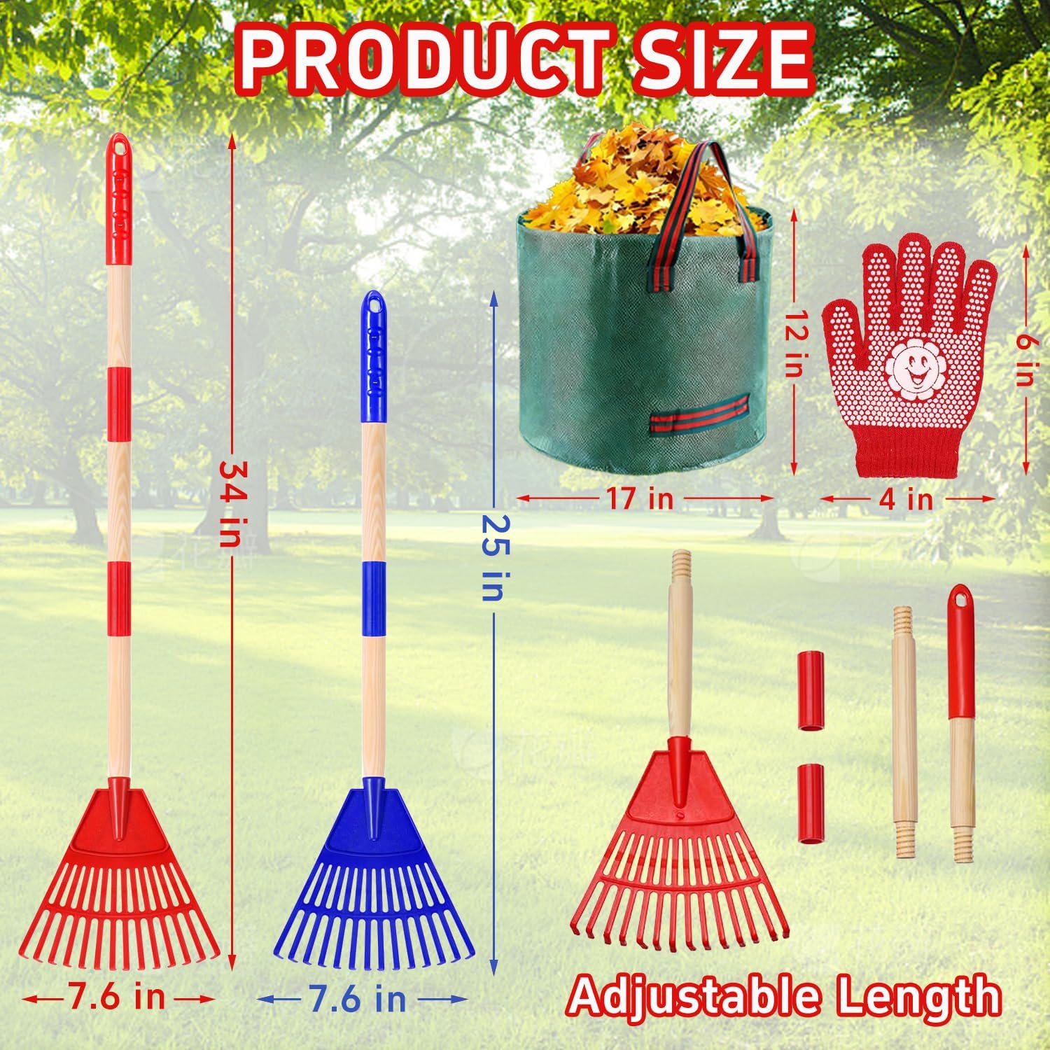 2 Pack Kids Adjustable Leaf Rake Set – 28" to 34" with Detachable Wooden Handles, Lightweight Plastic Head, Designed for Kids, Includes 2 Pairs of Gloves & Leaf Bag (Red/Blue)