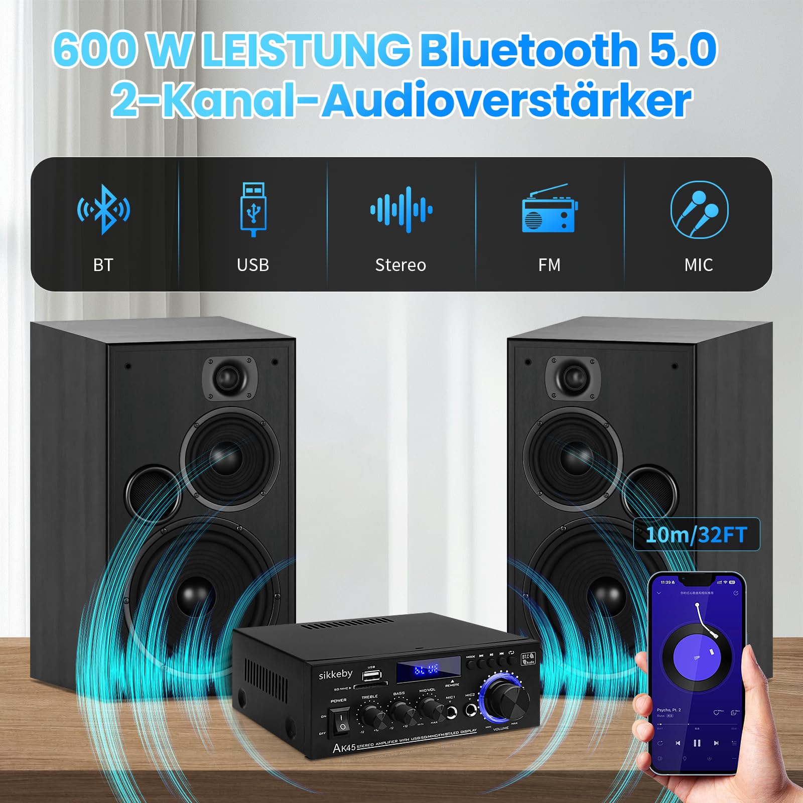 HIFI-Amplificateur,600W Mini récepteur amplificateur audio stéréo Bluetooth,AK45 2-canaux numérique amplificateur audio 12V/220v avec Radio FM,entrée de carte SD/USB pour la maison ou la voiture