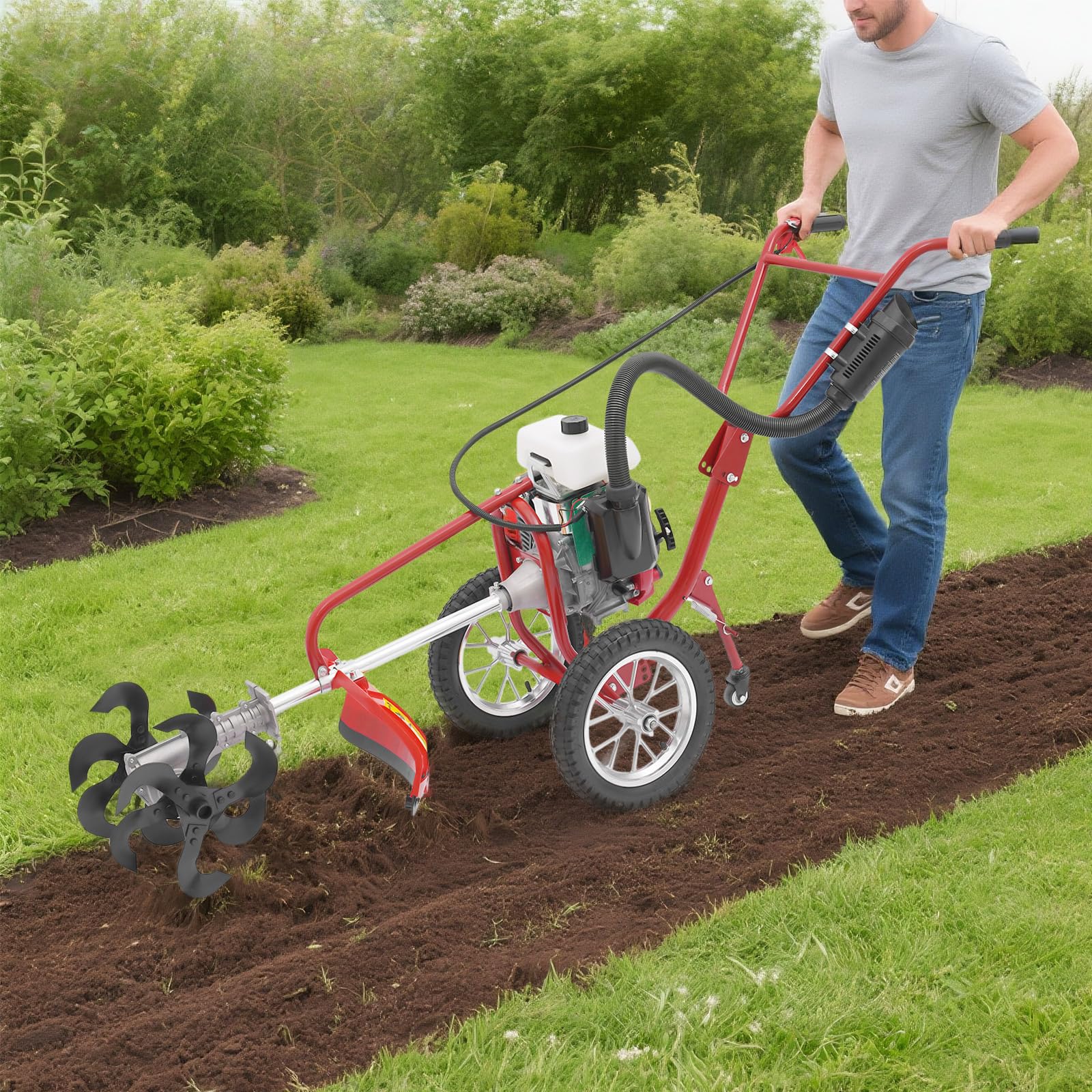 Motoazada de gasolina, minicultivador de gasolina de 63 cm³ con motor de gasolina de 4 tiempos, microcultivador compacto y ligero, con profundidad de cultivo de 10 cm para parques, jardines