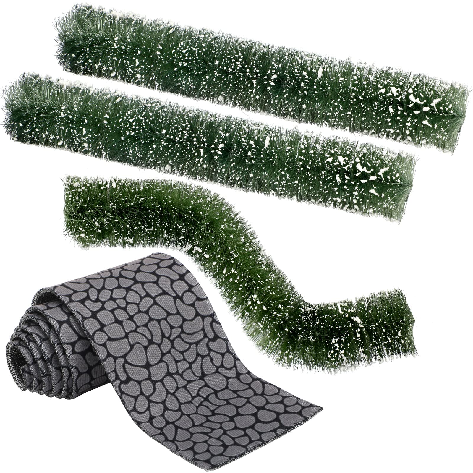 JetecVillage Sets Includes Cobblestone Street Accessory and 3 Pieces Flexible Sisal Hedge Rustic Greenery Wall Backdrop for Tree Displays Dioramas Fairy Gardens Village Displays