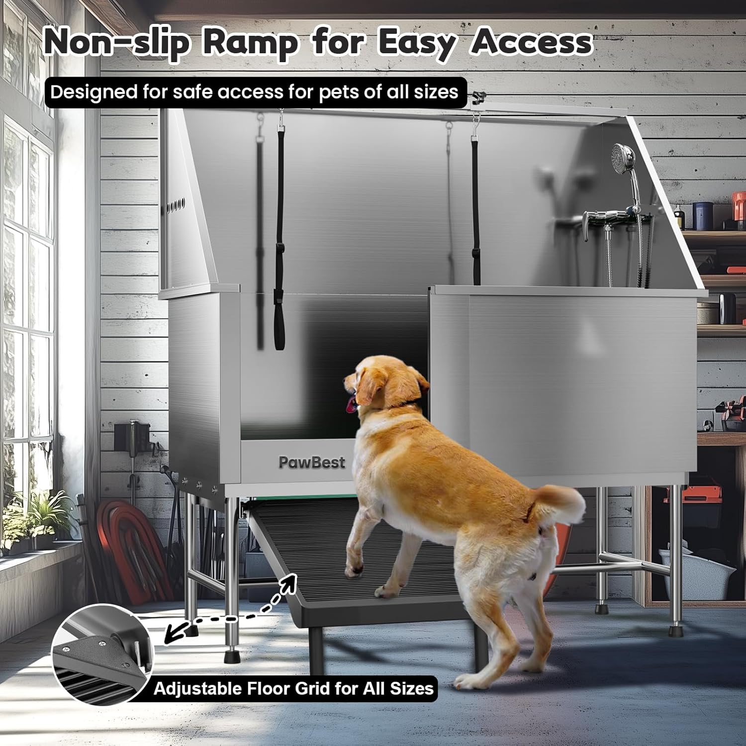 Stainless Steel Dog Grooming Bath Tub with Ramp, Faucet, Hoses and Loops (62" Bathtub)