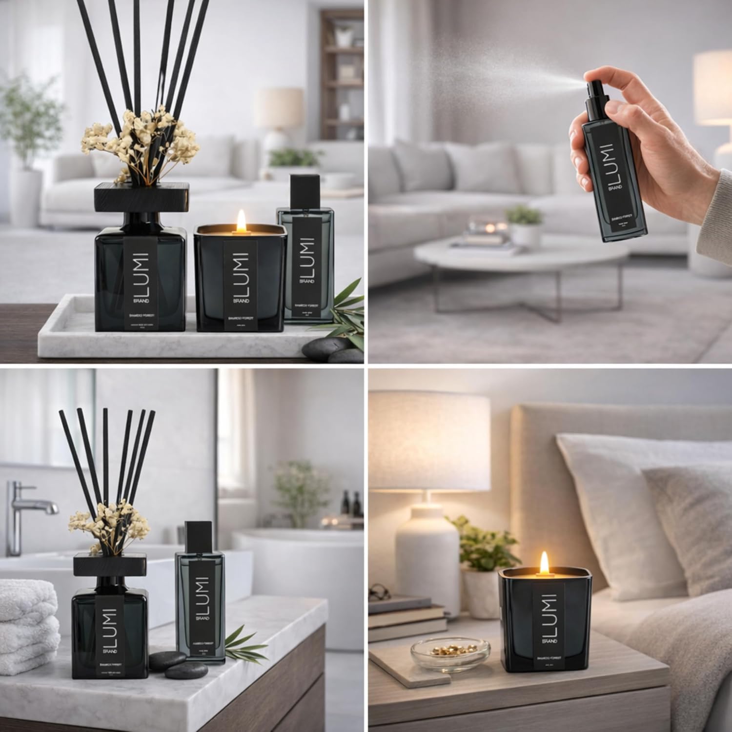 Luxury Aroma Gift Set | Bamboo Forest - Reed Diffuser (200ml), Wood Wick Soy Candle (200g), Room Spray (50ml) | Includes Dried Flowers & 8 Reeds | Luxurious Home Fragrance for Home Décor & Gifts