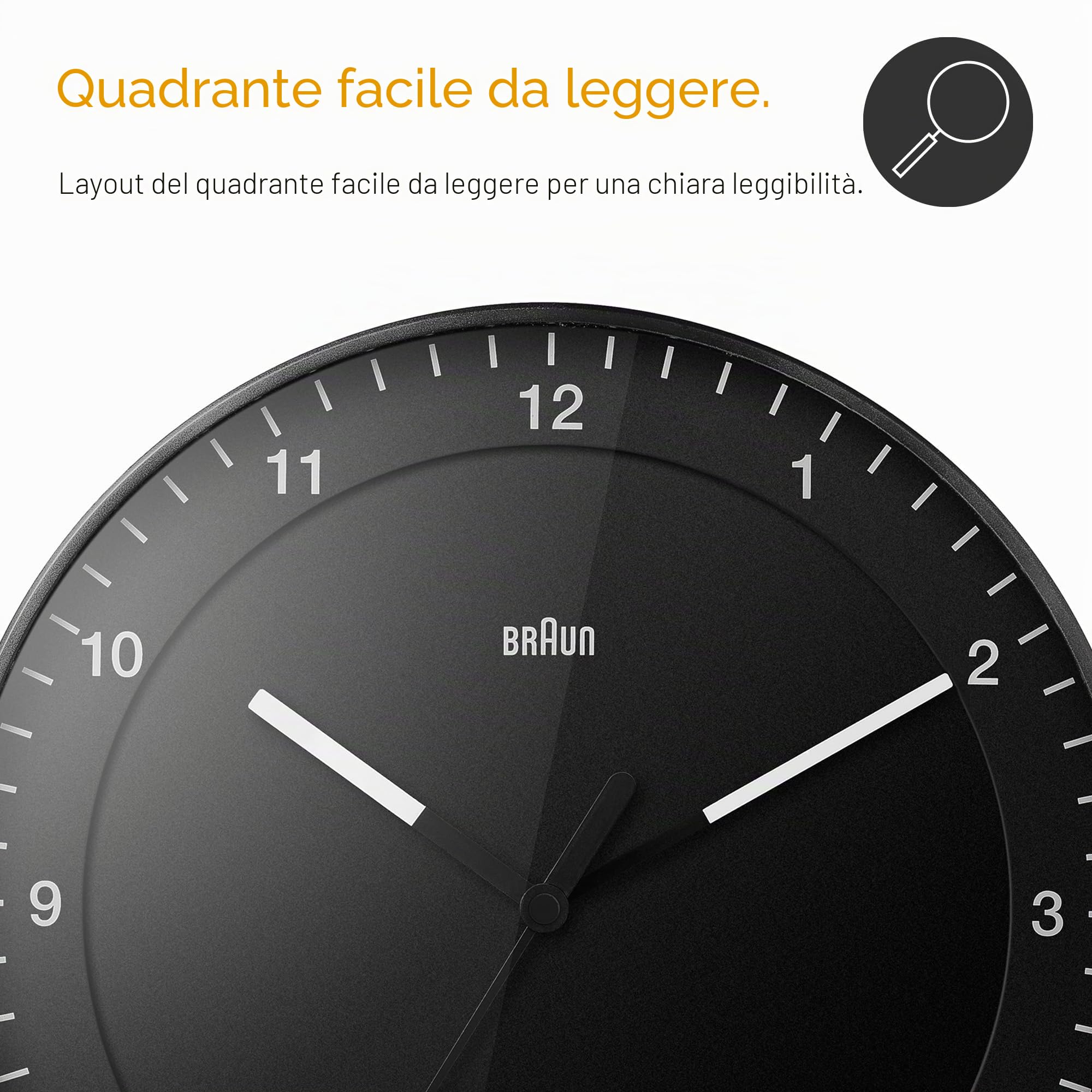 Braun Orologio da Parete Grande Analogico Classico Movimento Continuo Silenzioso, Facile da leggere, Diametro di 30 cm, Colore Nero, modello BC17B.