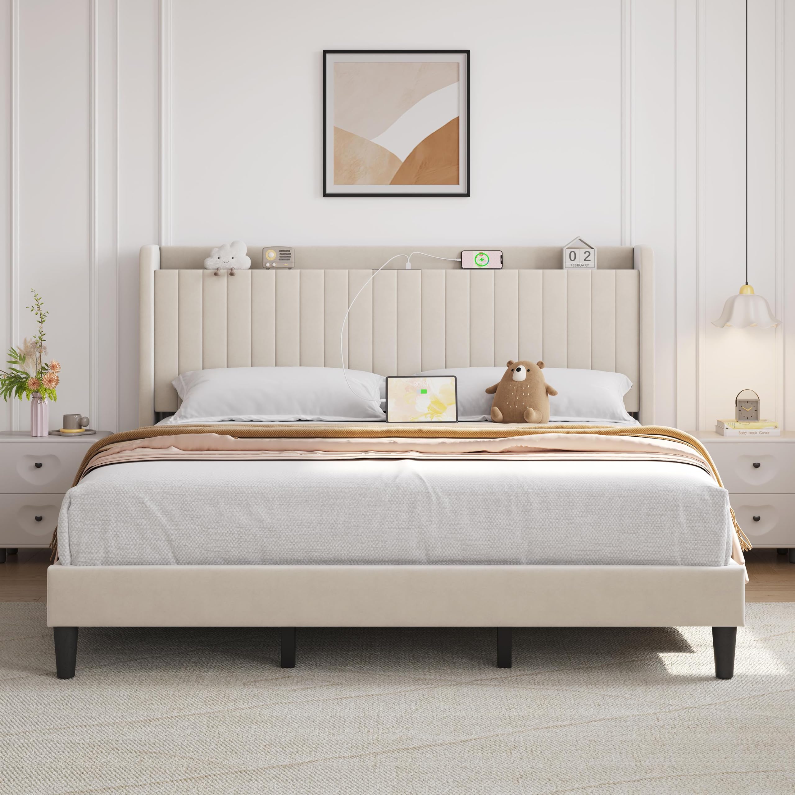 Yaheetech King Bed Frame with Channel-Tufted Storage Headboard
