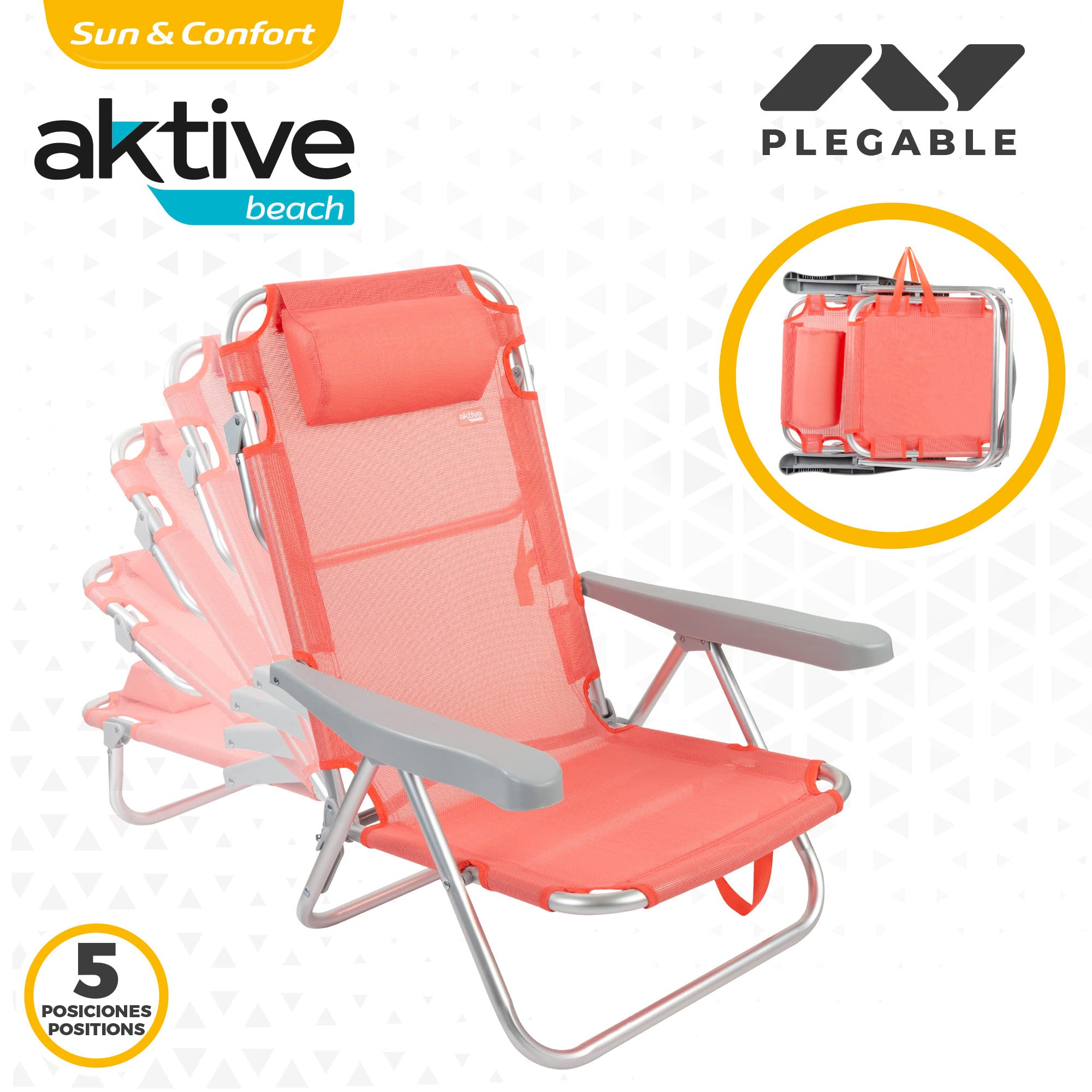 AKTIVE Chaise De Plage Pliante Rouge Avec Coussin - 4 Positions Inclinables, Légère Et Portable
