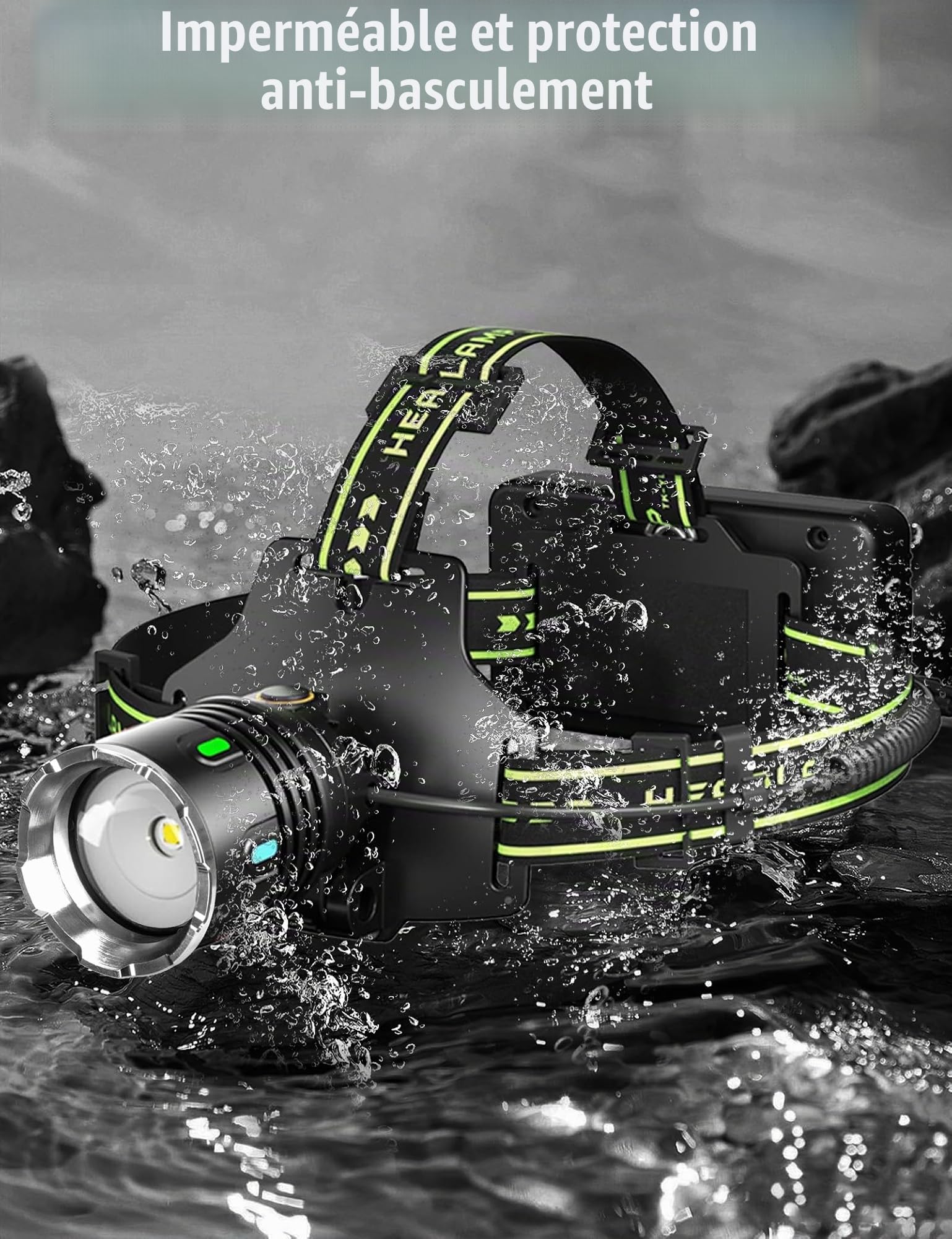 Skylla Lampe frontale LED rechargeable 90 000 lumens avec capteur avec 11 modes, zoom et 90 ° réglable, étanche IP67, batterie amovible pour camping, travail et urgence
