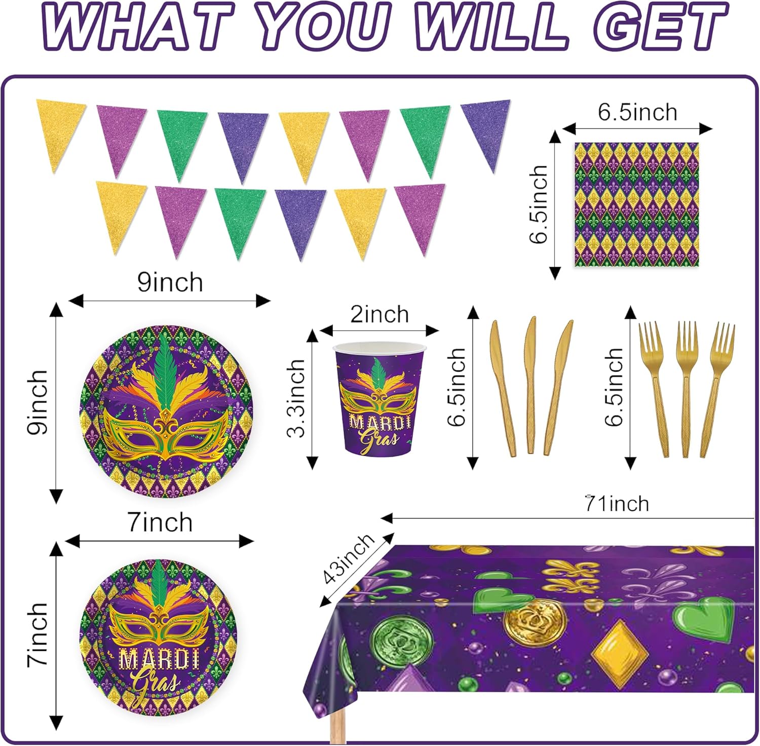 122PCS Mardi Gras Party Supplies Masquerade Mask Party Decorations New Orleans Carnival Plates Napkin Cups Tablecloth Banner Forks Knives Disposable Tableware Set for 20 Guests