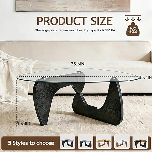 Miniatura 2 de Mesa auxiliar negra para sala de estar, mesa central ovalada moderna de 35.4 pulgadas con parte superior de vidrio templado y base de madera Negro +