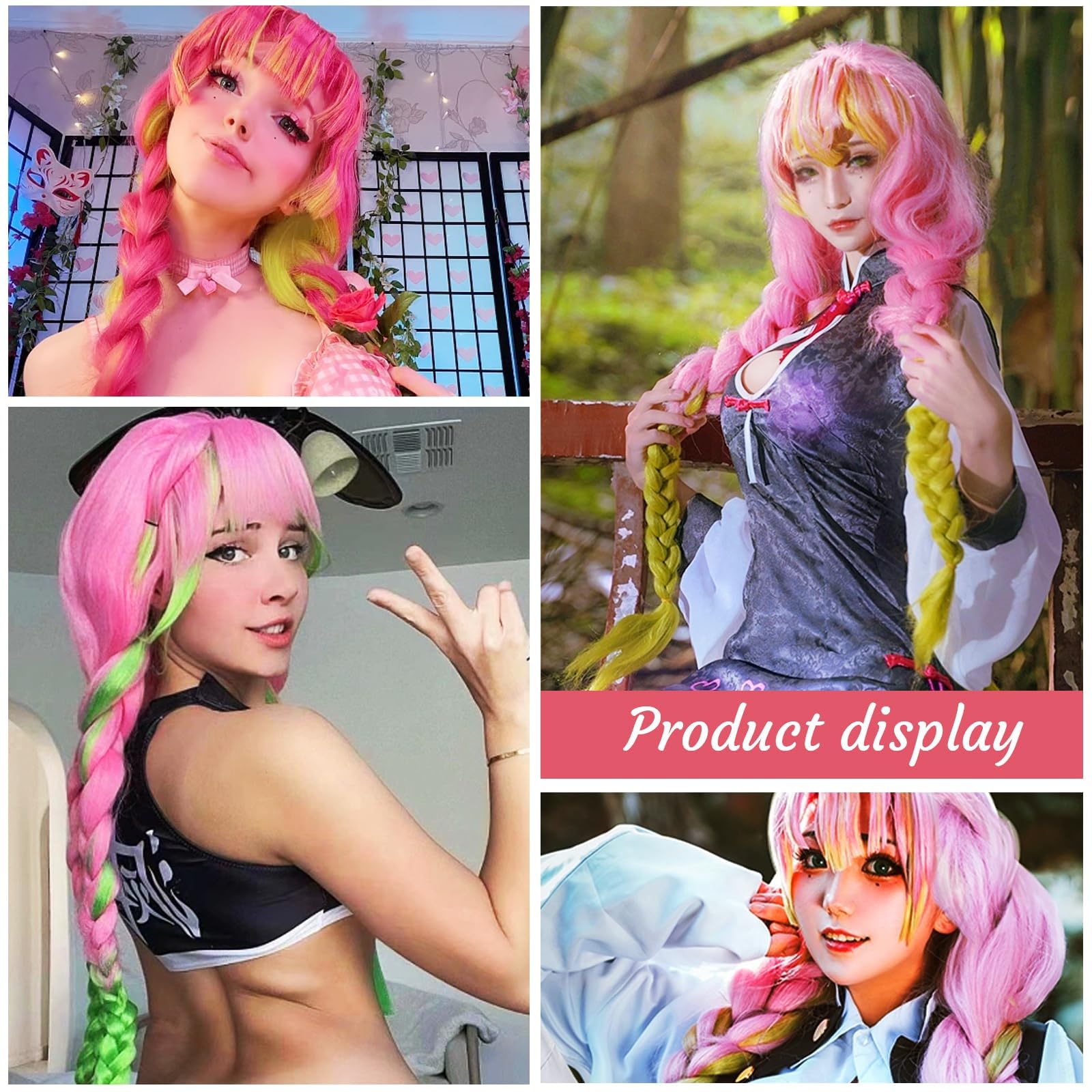 Anime Kanroji Mitsuri Cosplay Perücke für Damen, Mitsuri Cosplay Wig, Rosa Grün Perücke Charakter Verkleiden Lange geflochtene Perückes Passend, für Mädchen Halloween Karneval Kostüm Party