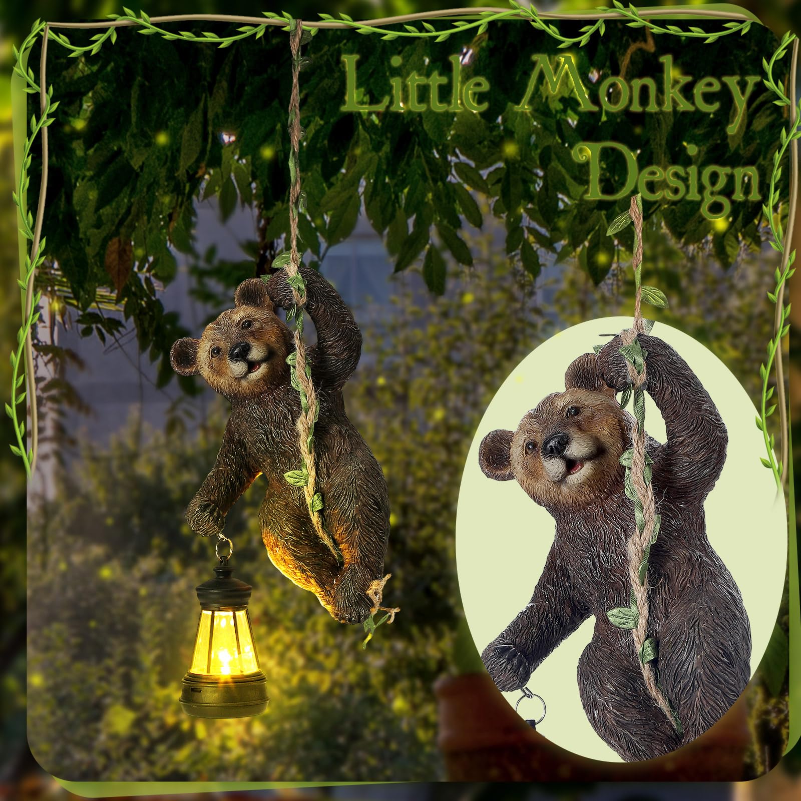 Rossesay 7 Inches Bear Statue Tree Hugger with Solar Light Resin Bear Statue Sign with LED Lantern Waterproof Hanging Figurine with Hook for Christmas Tree Decoration Outdoor Yard Garden (Brown)
