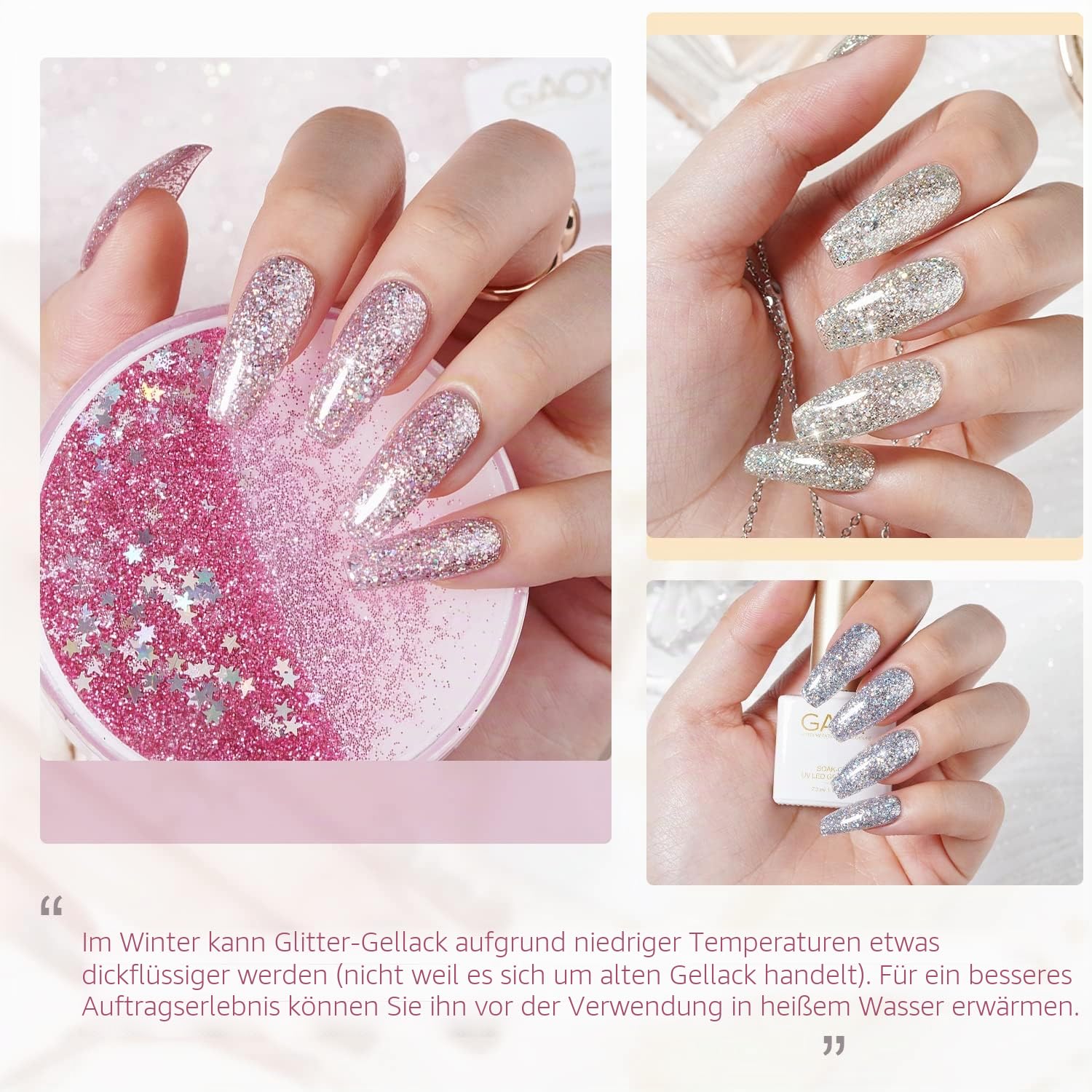 GAOY Chrom-Platin-Glitzer-Nagellack-Set, 6 Farben, einschließlich funkelnder, glänzender UV-LED-Soak-Off-Gellack, Schwarz, Silber, Rosa, Maniküre, Nagelstudio-Lack