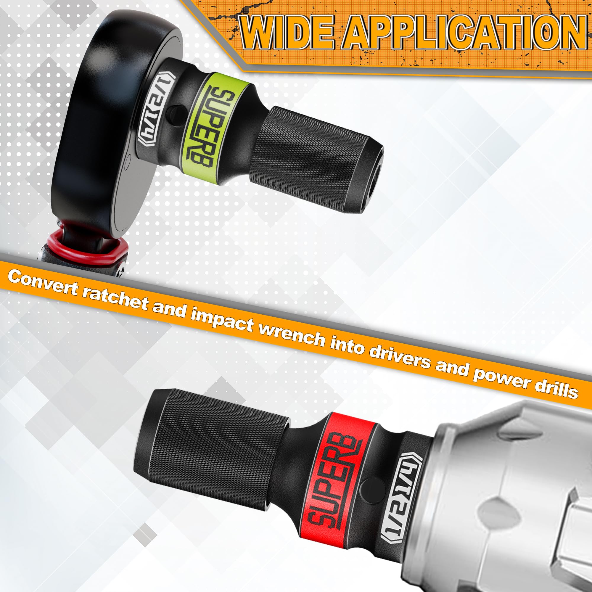 Skrweax Adattatore per cacciavite 2 pezzi, convertitore da attacco quadrato da 1/2" a attacco esagonale da 1/4", mandrino a cambio rapido per chiave a percussione