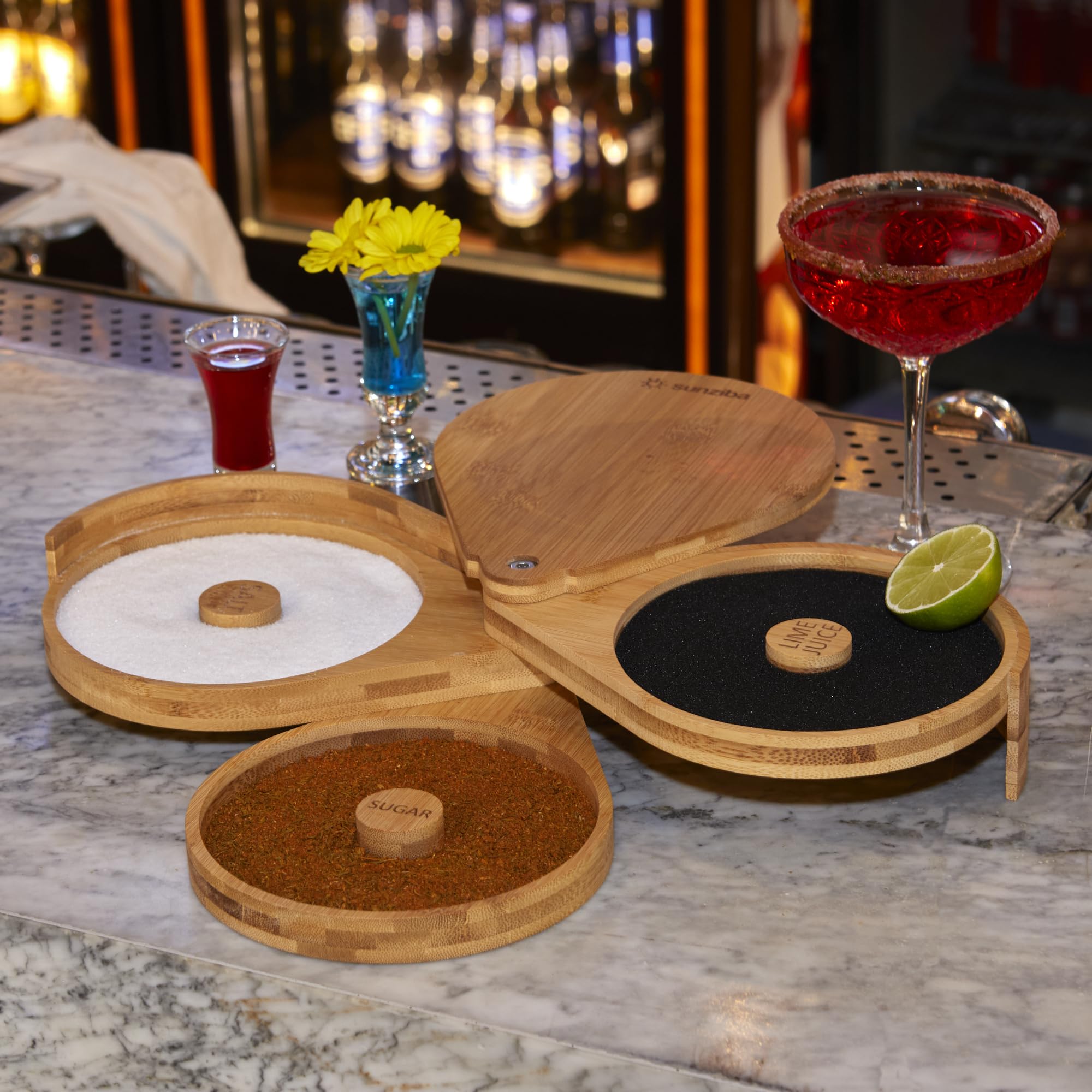Juego de borde de sal de bambú - Accesorios de camarero para bar en casa - Kit completo de margarita de 3 niveles con borde de sal