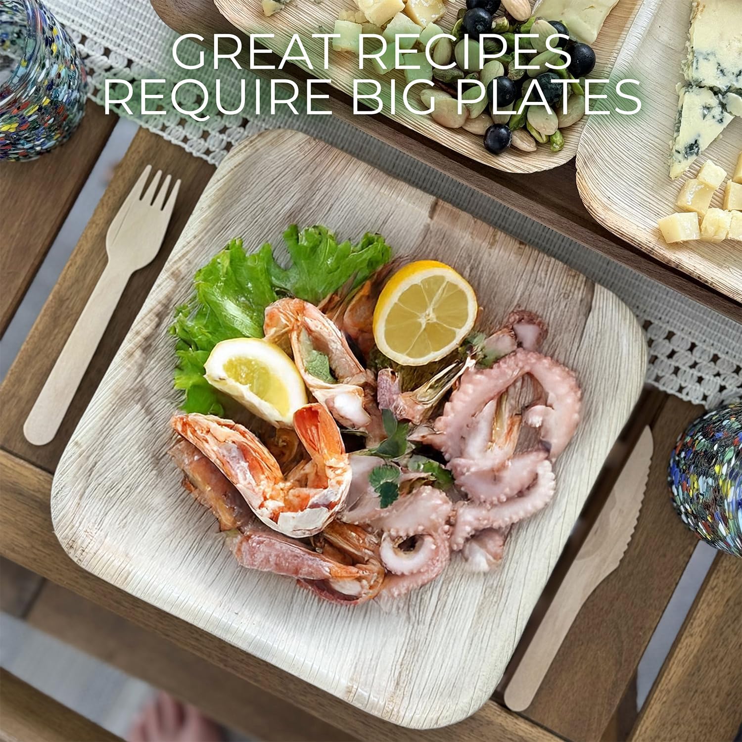 Compostable Square Palm Leaf Plates 10 Inch with Forks & Knives (50 Each) - Like Bamboo Plates, Disposable Party Plates, Biodegradable, Eco-Friendly, Microwave & Oven Safe