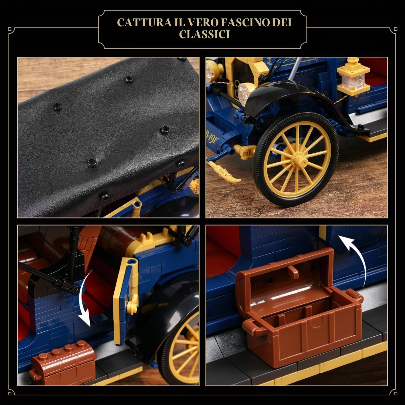JMBricklayer Kit Modellismo Auto Retrò con Luci per Adulti Auto d'Epoca da Costruire con Mattoncini Tetto Pieghevole Similpelle 50003 Regalo per Appassionati di Veicolo Classiche