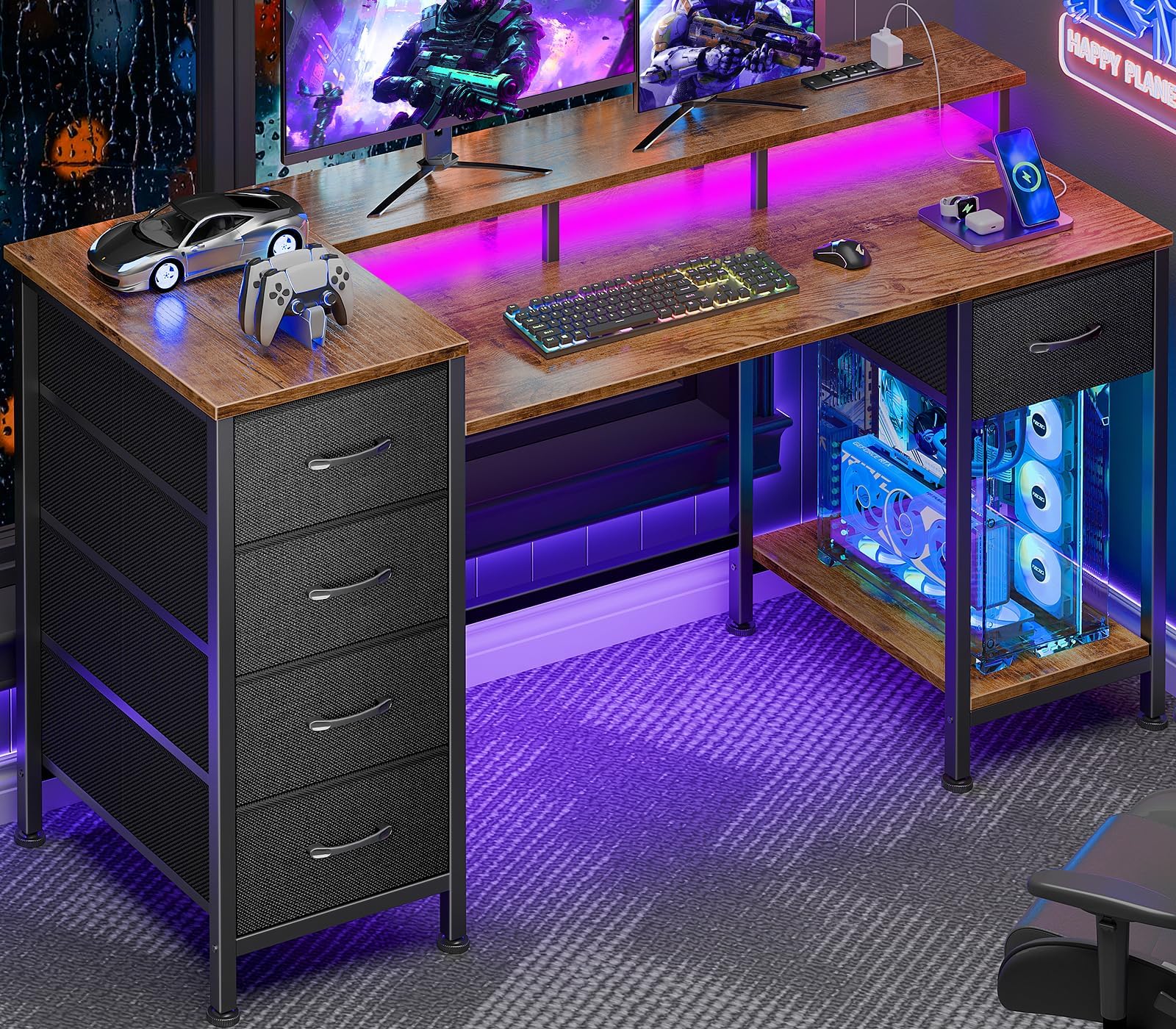 Computer Desk with Power Outlets & LED Lights, Reversible Gaming Desk with 5 Fabric Drawers for Bedroom, 47 Inch Home Office Desk with Monitor Stand & Storage Shelves for Working, Rustic Brown