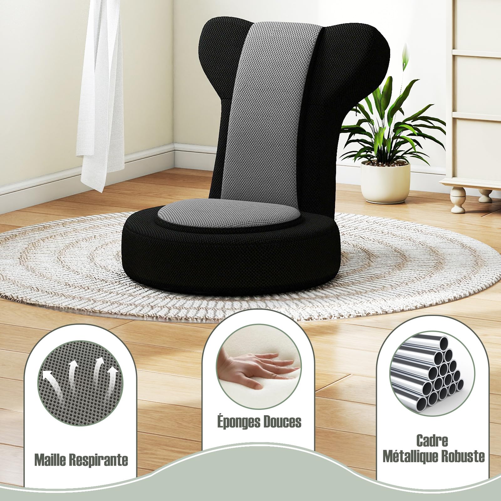 GOPLUS Fauteuil de Sol avec Appui-tête et Dossier Réglables, Assise Rembourrée en Mousse, Chaise Canapé Paresseuse Pliable pour Méditation, Lecture, Jeu,Charge 140 KG (Gris)