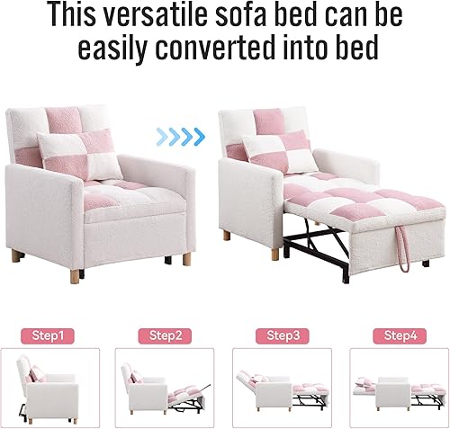 Miniatura 5 de Sofá cama cama convertible 3 en 1, silla convertible multifuncional, tela de peluche suave para sala de estar, apartamento, oficina (blanco y rosa)