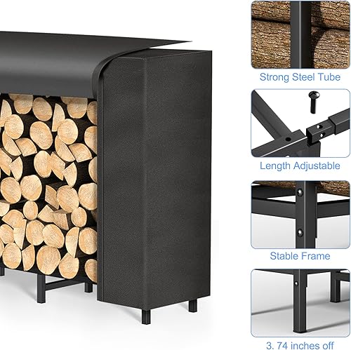 Miniatura 4 de smusei Estante de leña de 4 pies para exteriores con cubierta soporte de madera resistente para leña ajustable de metal para leña leña soporte de