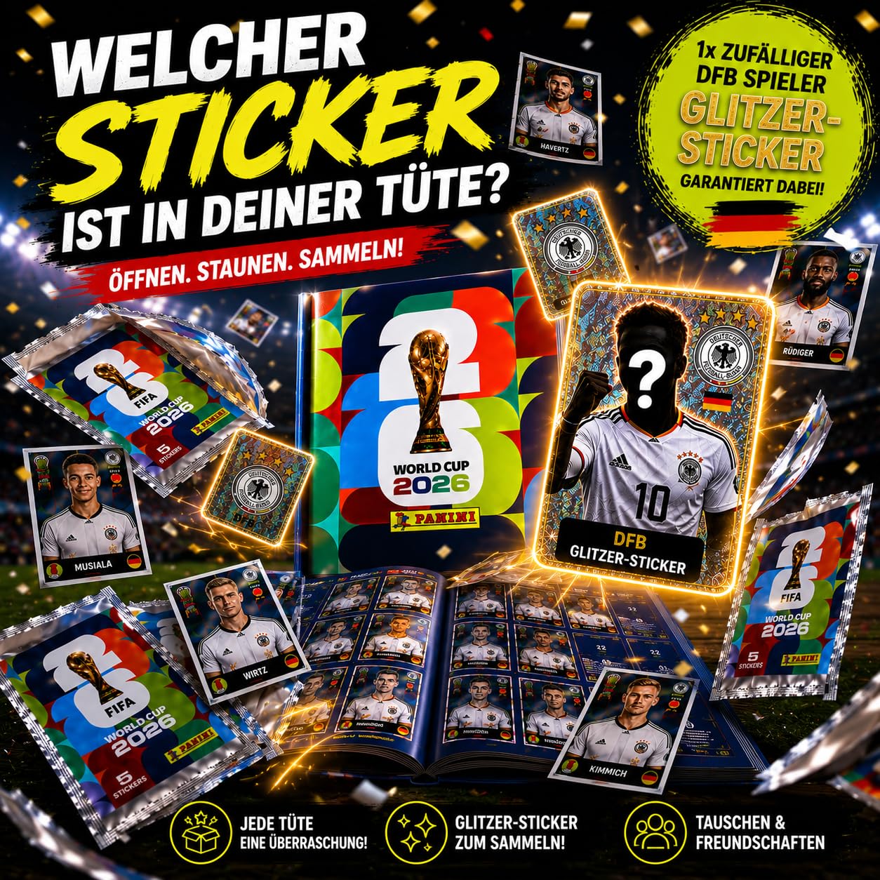 Panini Album di Adesivi Originale 2026 Mondiali Set di Base XXL Starter Set XL Copertina Morbida 6 Sacchetti Adesivi Germania