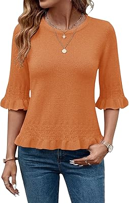 AKEWEI Womens 3/4 Sleeve Pullover Sweater Crewneck Knit Peplum Tops Lightweight Casual Going Out Outfits