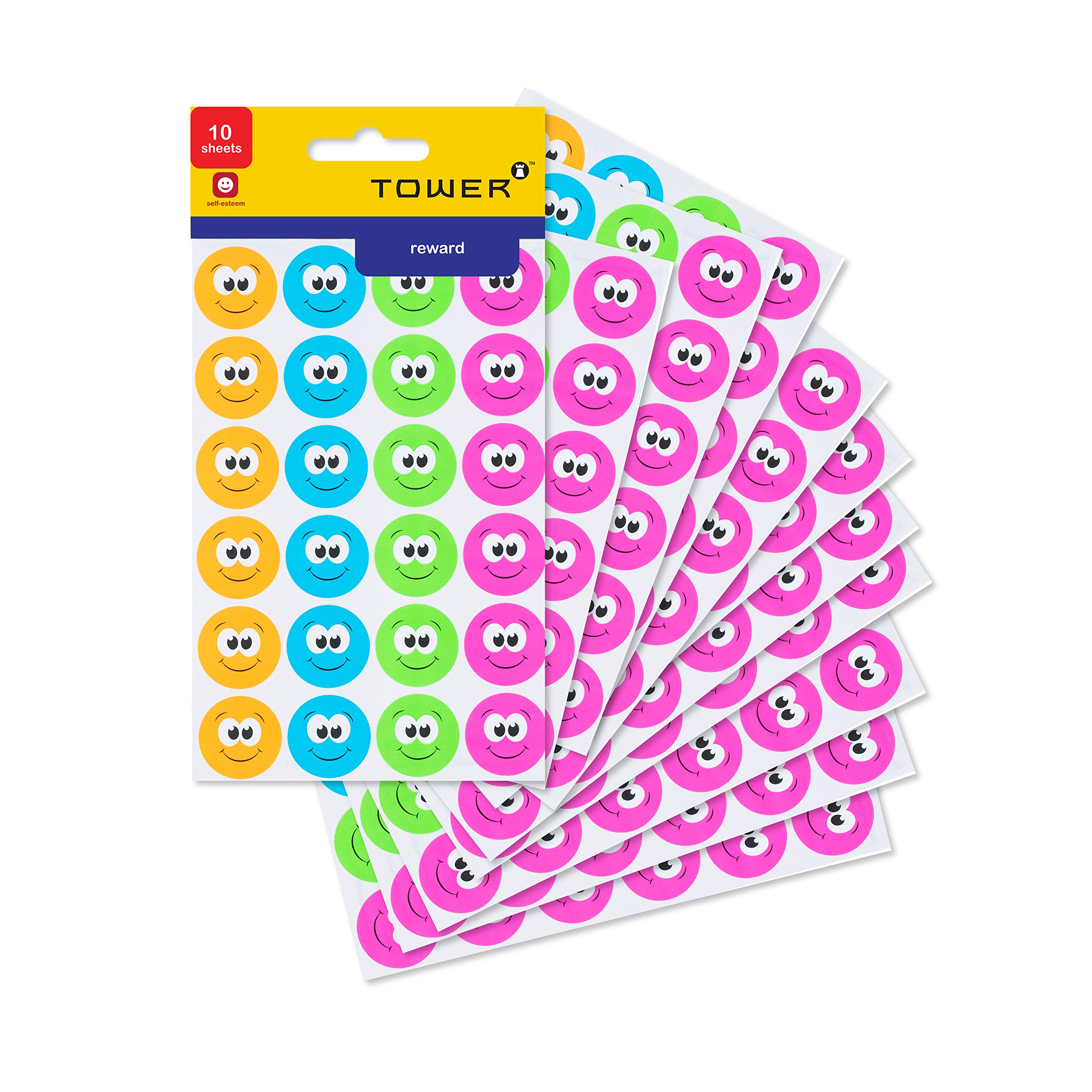 Tower Mixed Neon Happy Face Reward Stickers In Bright Colors To Reward Kids, 25 Mm Diameter, Pack Of 240 Stickers. Used For Decorating & Scrapbooking