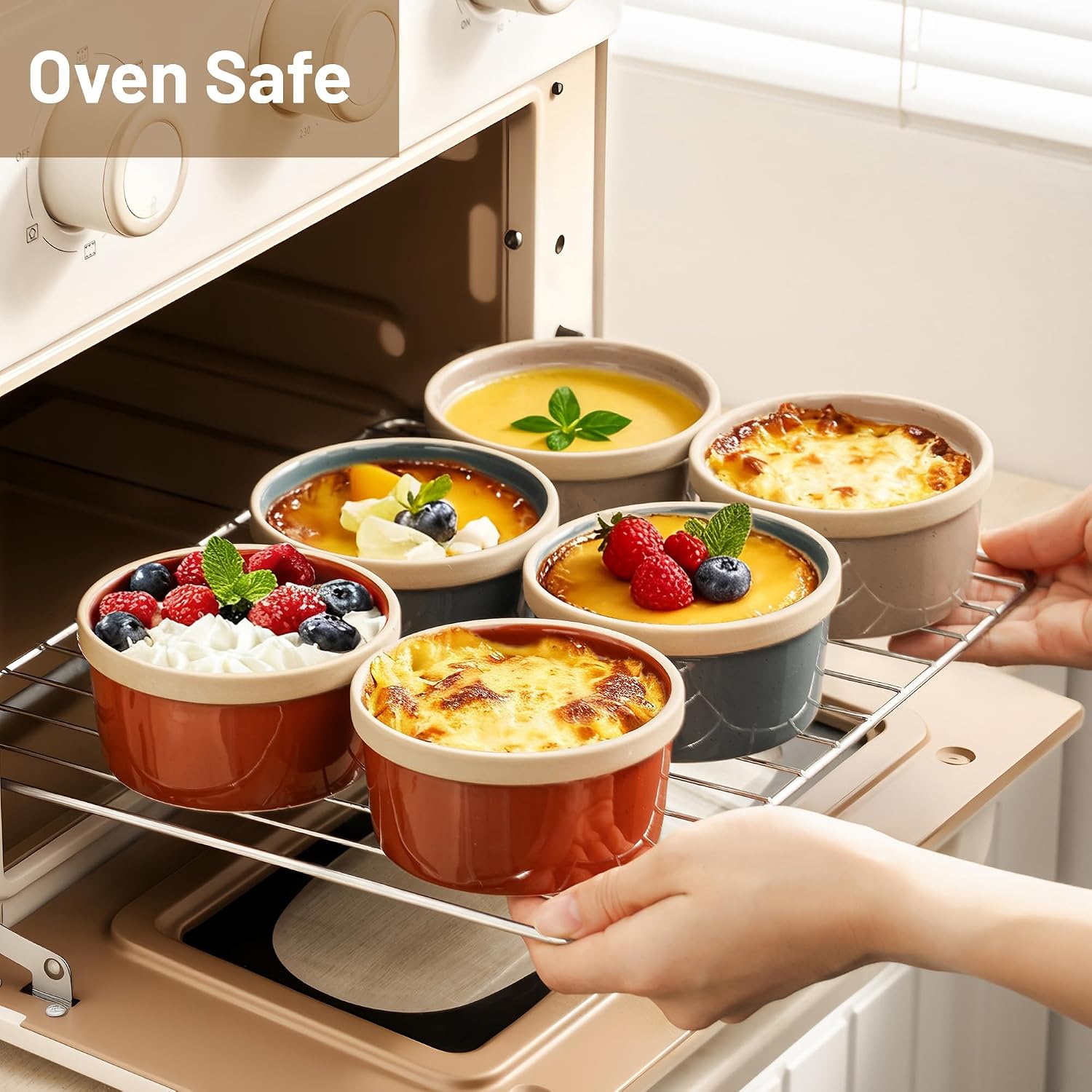 DAFUCERAMIC Ramekins 8 Oz Oven Safe, Ceramic Creme Brulee Souffle Dishes, Pudding Custard Cups Ramekin For Baking, Small Dipping Sauce Bowls, Set of 6, Microwave and Dishwasher Safe (Artisan Colors)