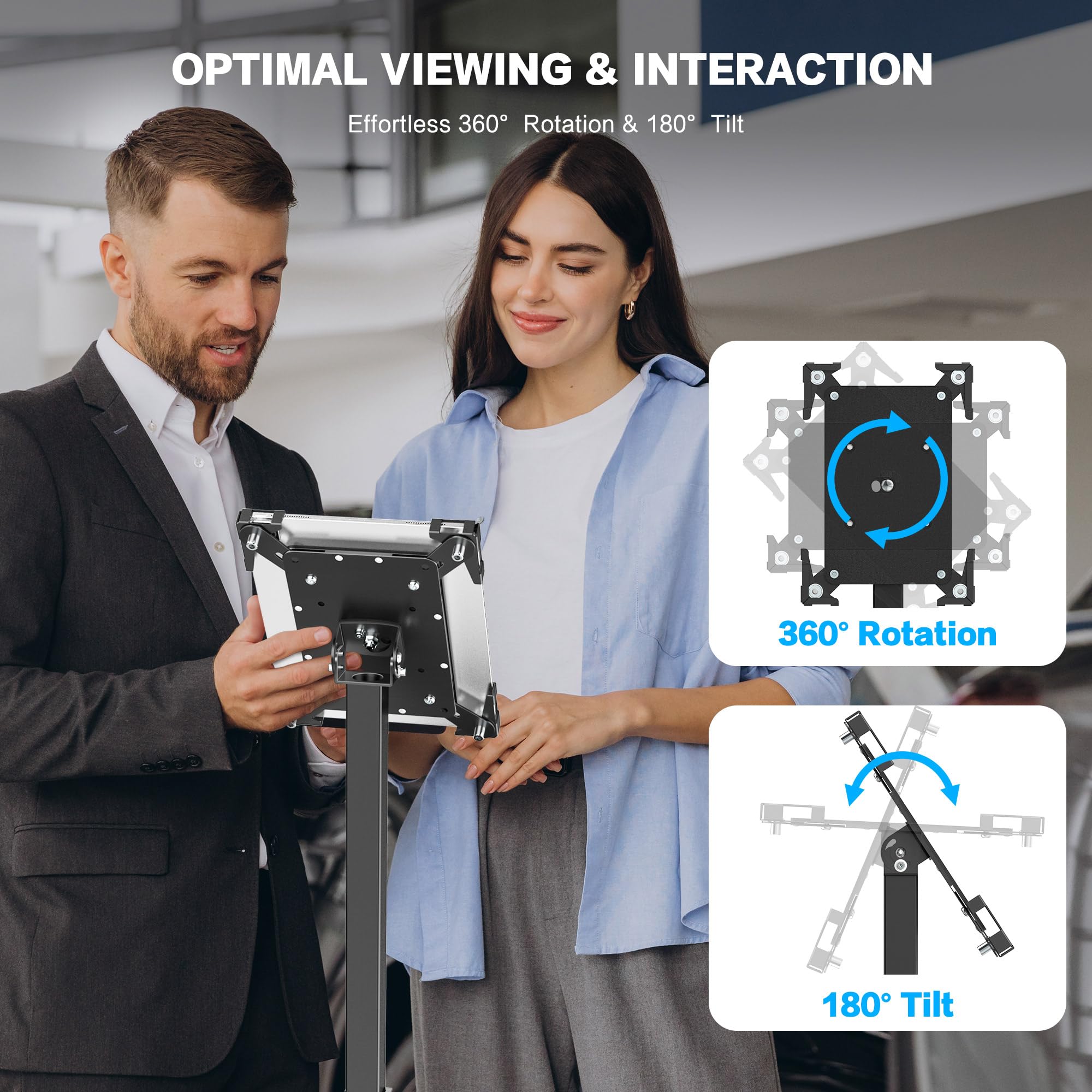 AboveTEK Soporte de Suelo antirrobo para iPad, quiosco POS con Cerradura, Altura Ajustable, rotación 360°, Base y gestión de Cables Ocultas, Compatible con 9,7-13 Pulgadas iPads/iPad Pro/Air(Negro)