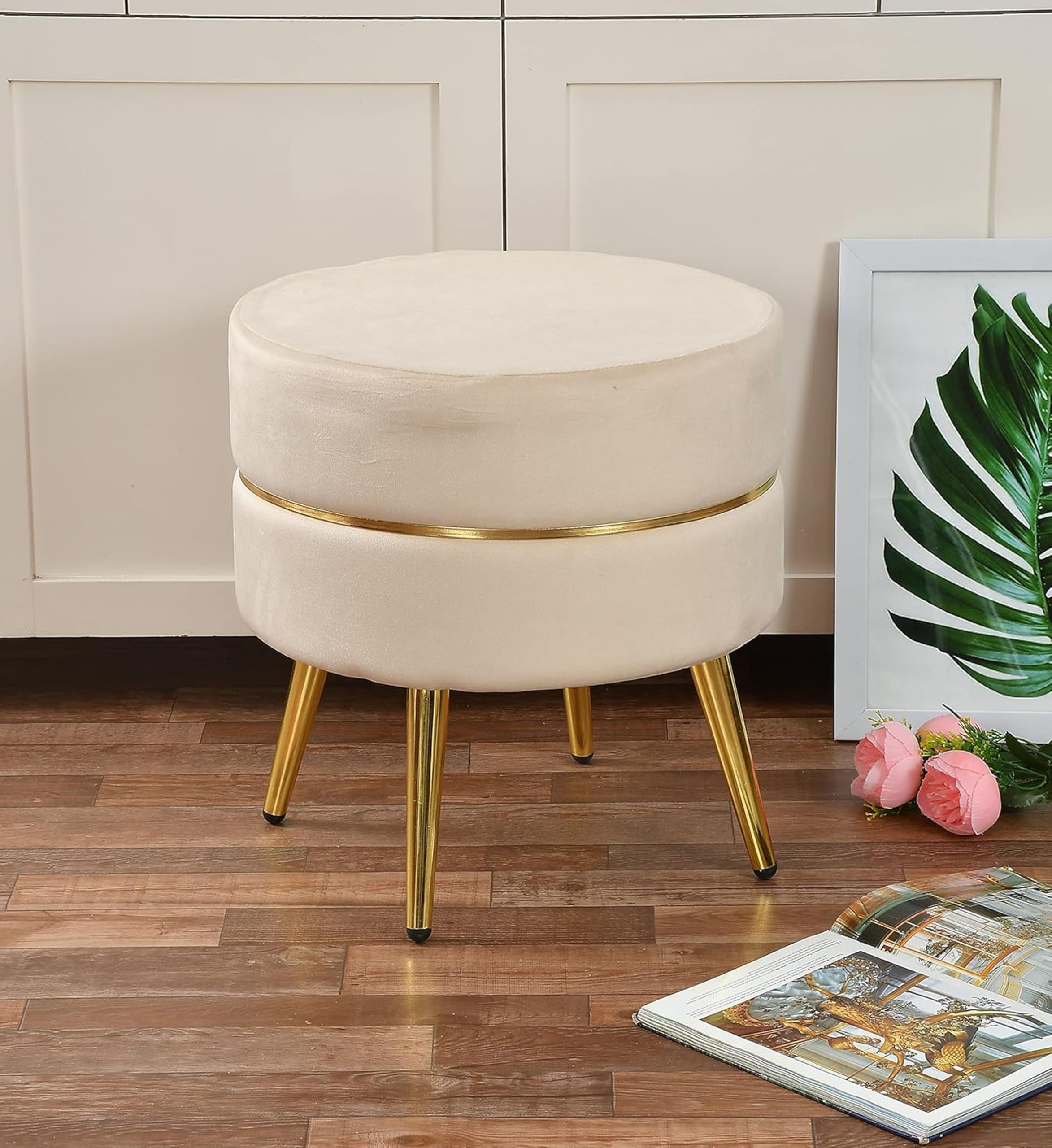 CROWN ART SHOPPEE Metallic Living Room Stool with Four Golden Legs, Ottoman Seating Pouffes, Room Décor Puffy Stools, and Footstools. Off White-image-6