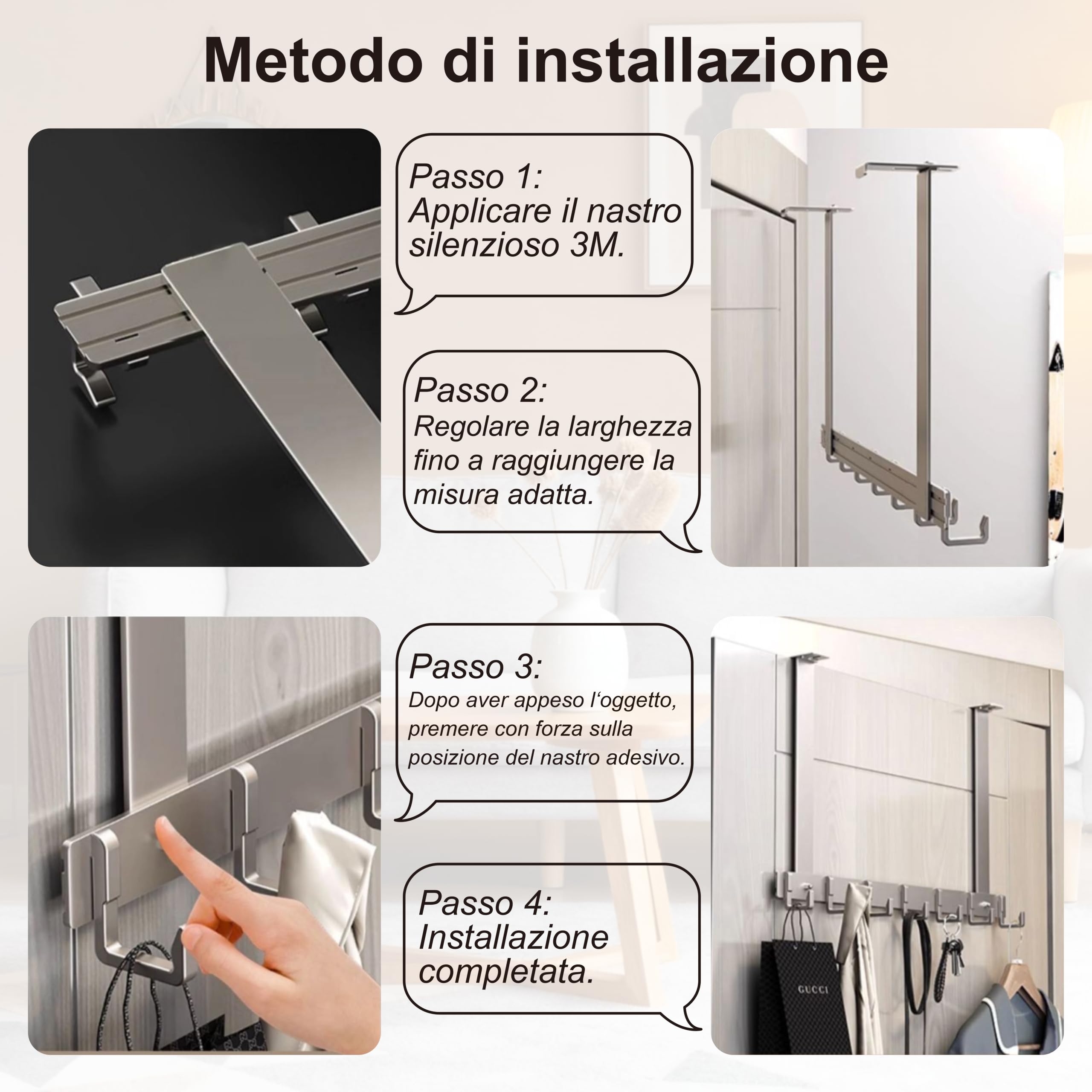 Appendiabiti da porta Regolabile 8 ganci salvaspazio resistente grigio 18cm