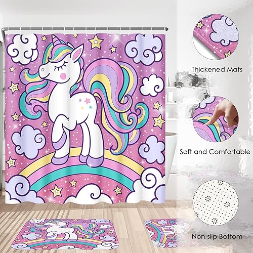 Miniatura 5 de Bribay Juego de cortinas de ducha de 4 piezas, divertido animal de ensueño espacial, impermeable, accesorios de baño con alfombras antideslizantes,