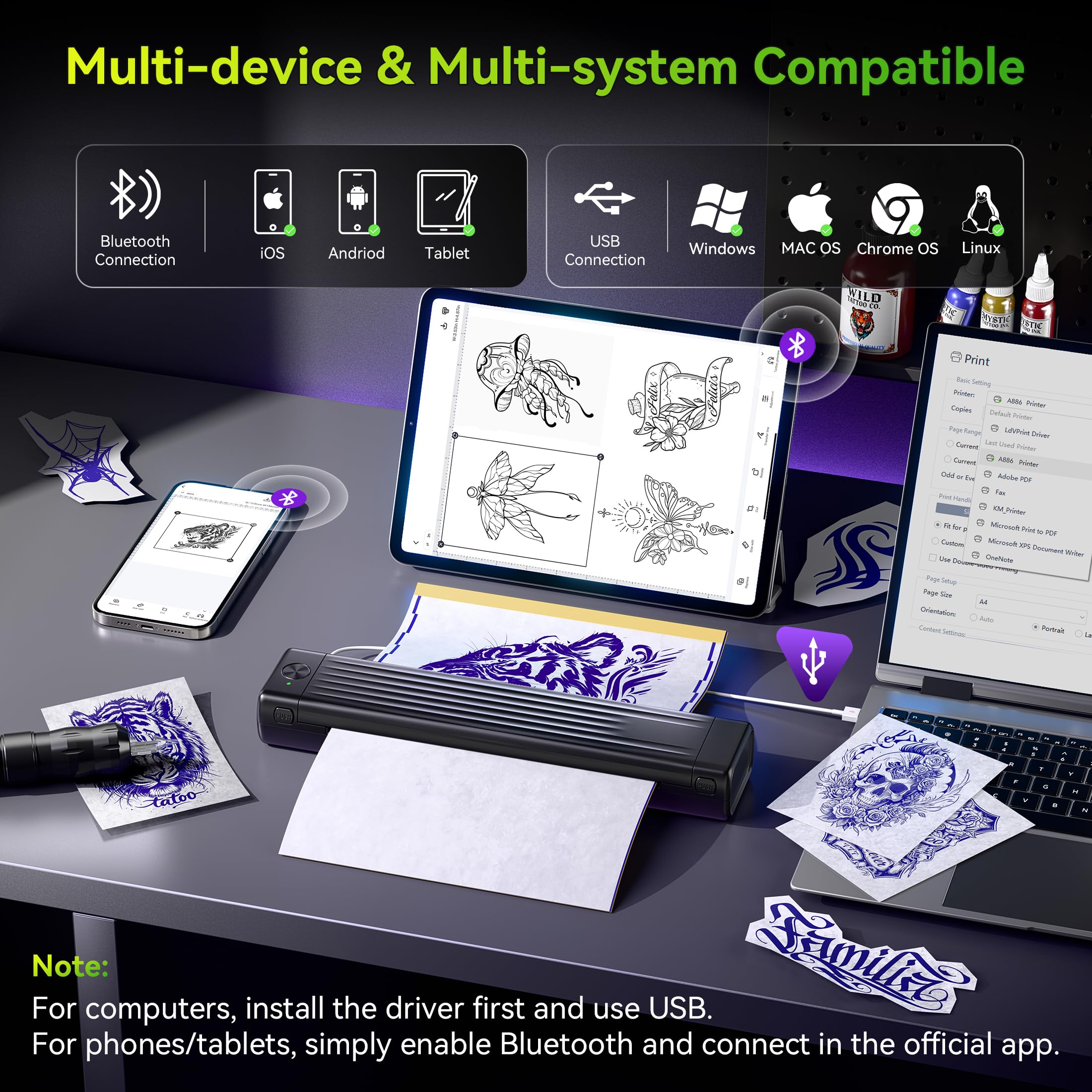 Itari A886 Tattoo Stencil Drucker Bluetooth mit 100 Blätter Papier, Schablone Drucker Übertragungskits für Anfänger und Künstler, Thermodrucker Tattoo Maschine Kompatibel mit Smartphone & PC, Schwarz