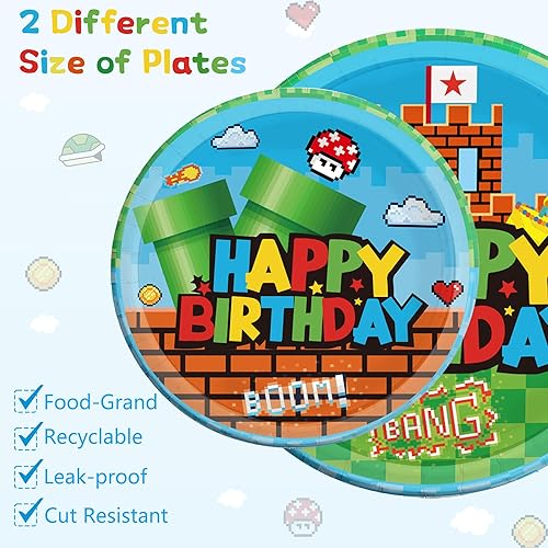 Miniatura 4 de Super Brothers - Vajilla para fiestas, juego de 64 piezas de videojuegos, incluye 32 platos, 16 tenedores y 16 servilletas, decoración de cumpleaños