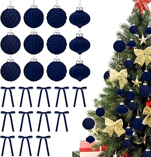 24 Pcs Velvet Christmas Balls Ornaments,Navy Blue Christmas Ornaments Include 12Pcs 3.15Inch Xmas Balls 12 Vintage Ribbon Bows, Velvet Ornaments for Christmas Tree and Indoor Holiday Decor