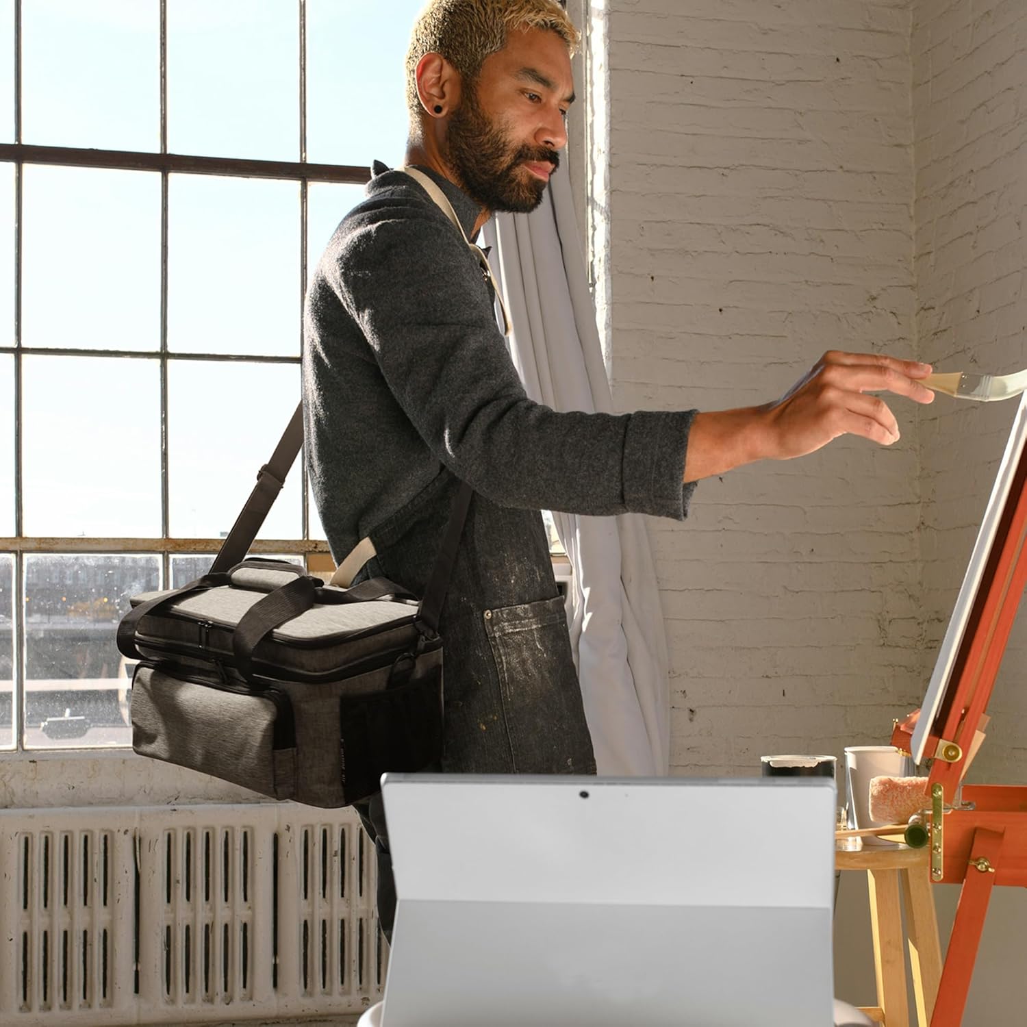 Acrylic Paint Organizer Bag - Holds 54 Bottles (2 oz), Art Supply Storage Case with Handle and Shoulder Strap, Extra Pocket for Brushes, Palette Board, Aluminum Foil Liner for Easy Cleaning, Grey - Image 6