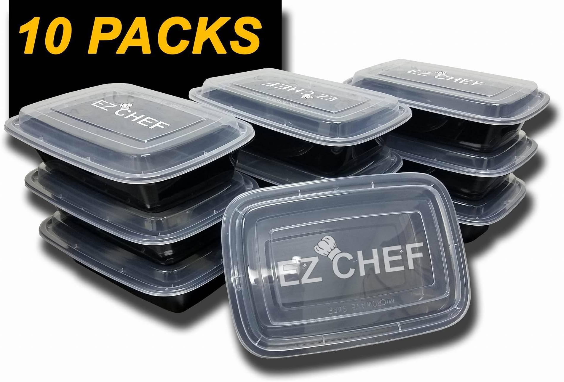 EZ Chef Meal Prep Container - Plastic Microwavable Stackable Reusable - Bento Box - To go Container - Food Container - Lunch box (28oz - Set of 10)