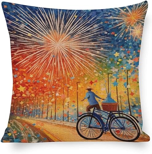 Funda de almohada de granja con la bandera estadounidense y valiente, funda de almohada patriótica para el 4 de julio, para bicicleta, fuegos